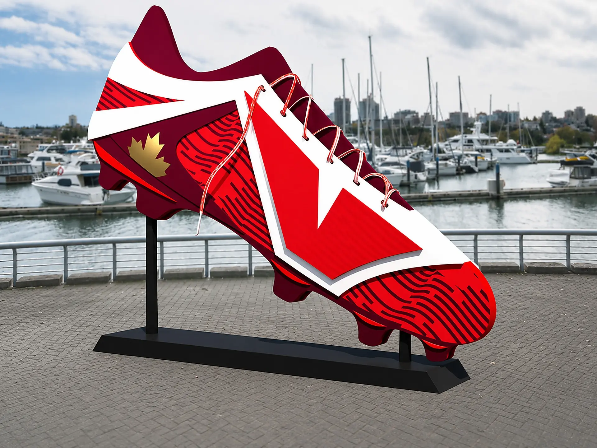 Large red and white soccer cleat sculpture with a gold maple leaf, displayed outdoors near a marina with boats and city skyline in the background.