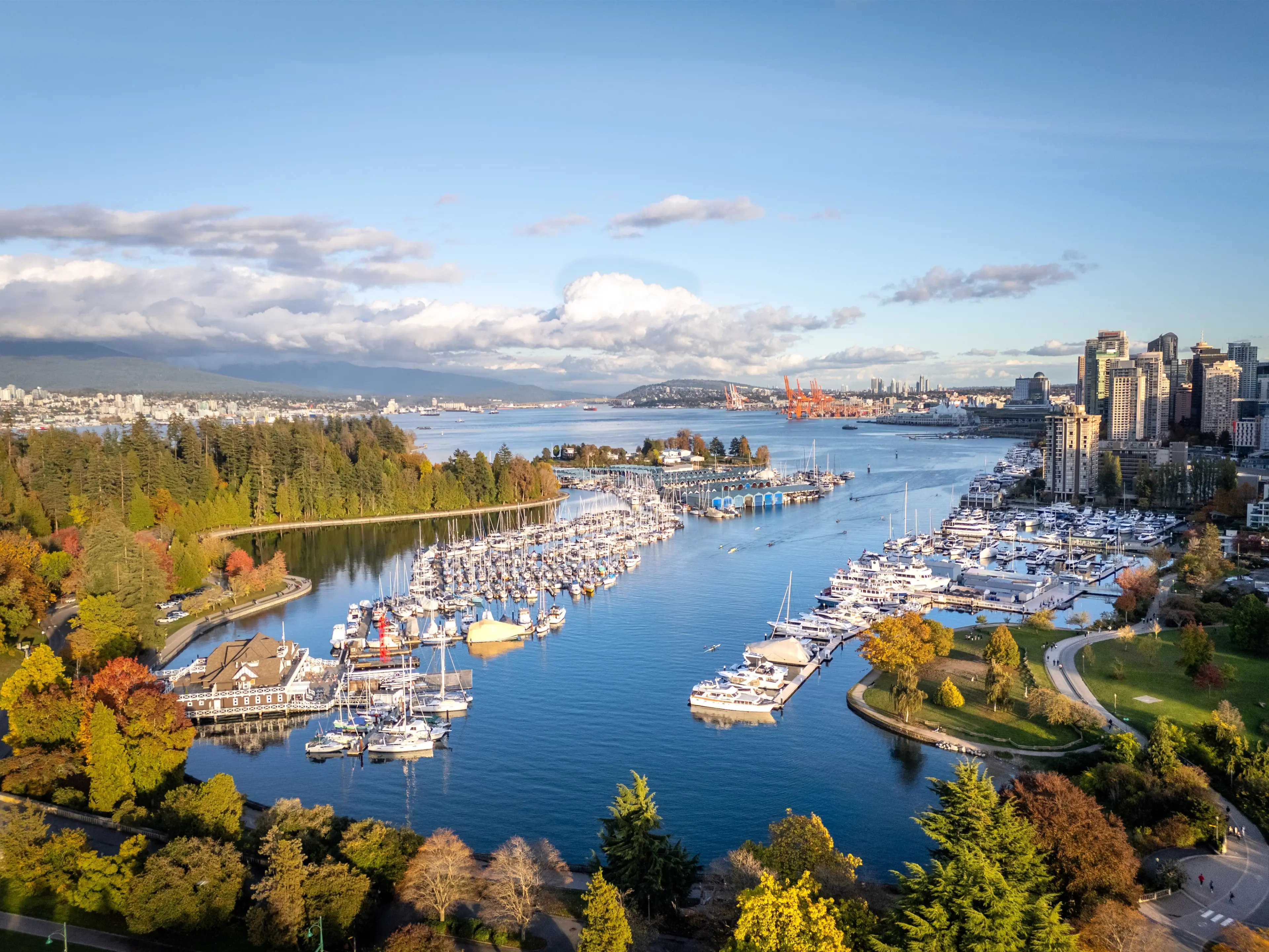 Scenic image of Coal Harbour looking towards the yachts, mountains and city.