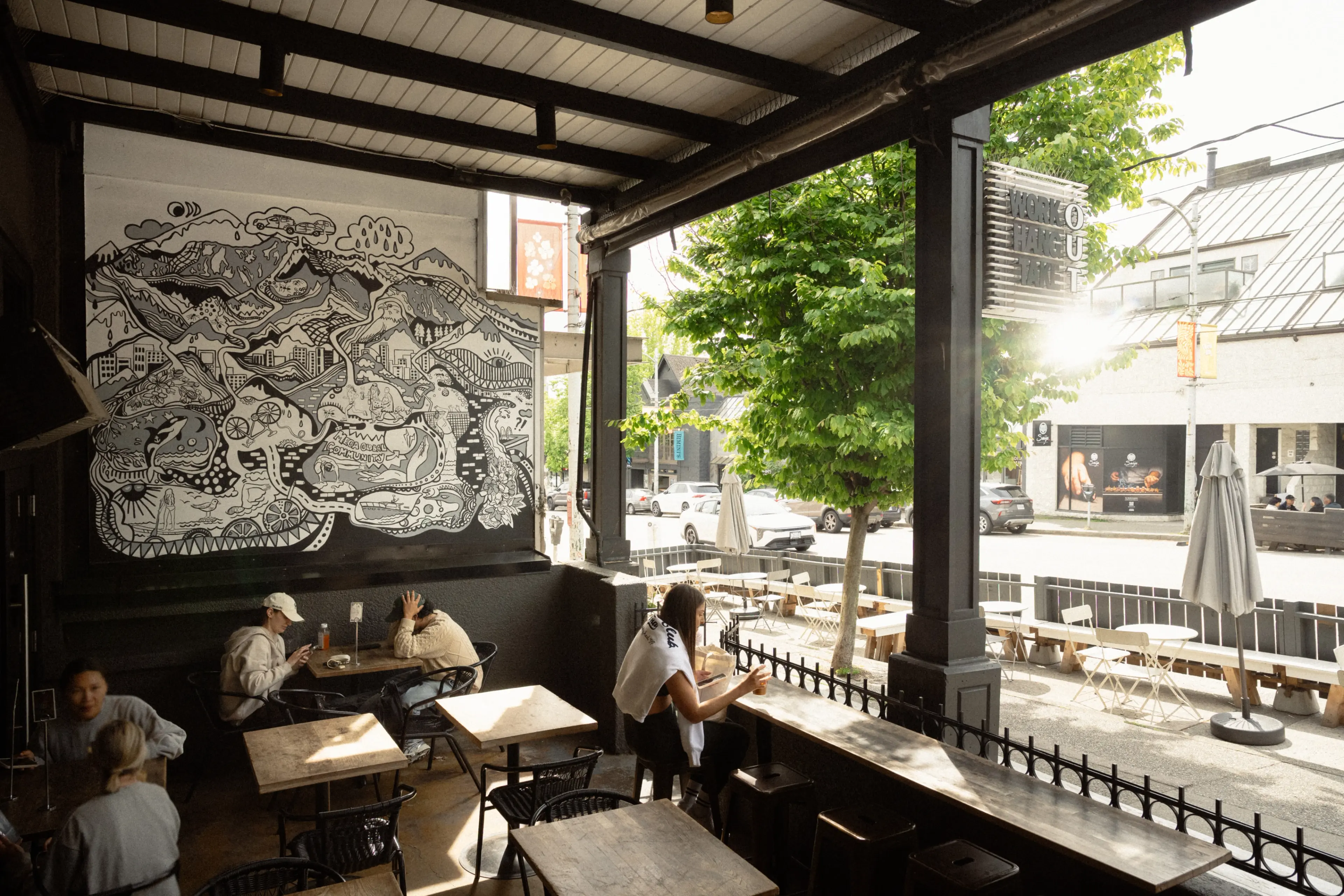Interior image looking out to the patio at the Turf café in Kitsilano, Vancouver.