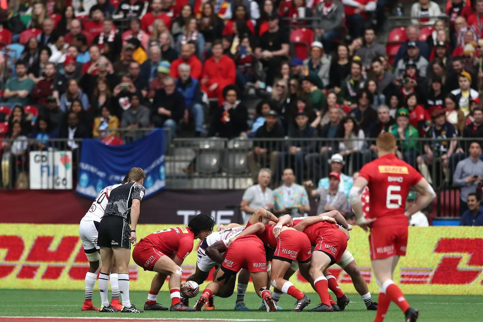 The Canadian mens team participates in a scrum at Rugby Sevens in Vancouver