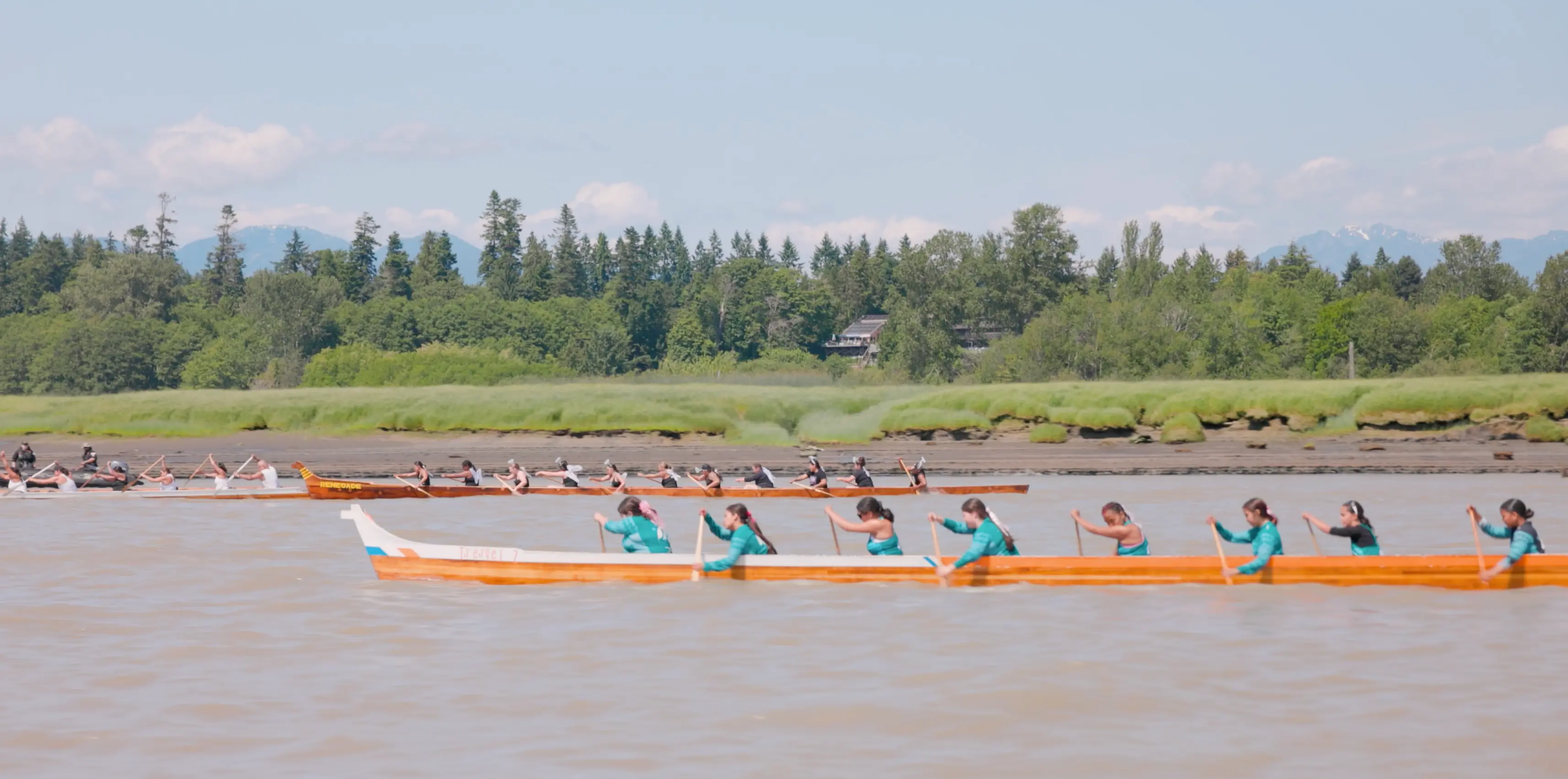 Two long wooden boats with people paddling on a river, green trees and mountains in the background under a clear sky.
