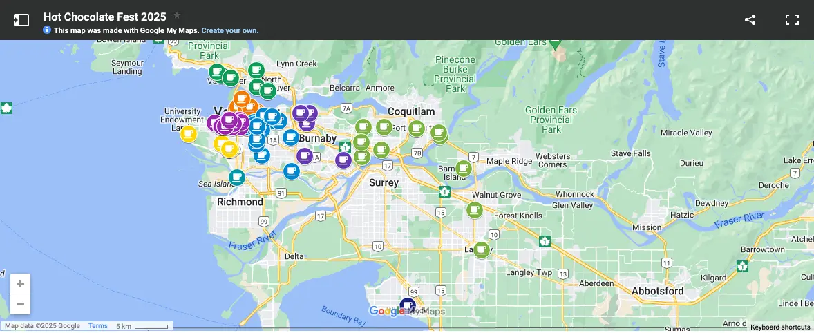 Interactive Google Map showing locations in the Vancouver Hot Chocolate Festival