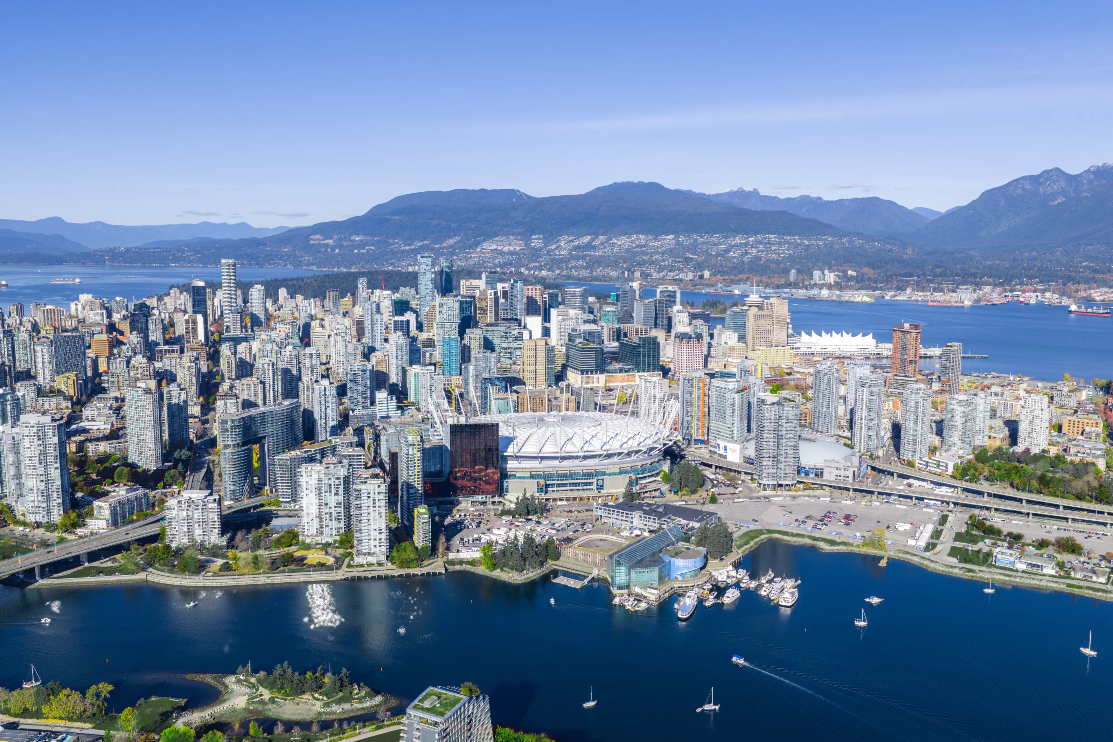 City Aerial of Vancouver with BC Place in the center.