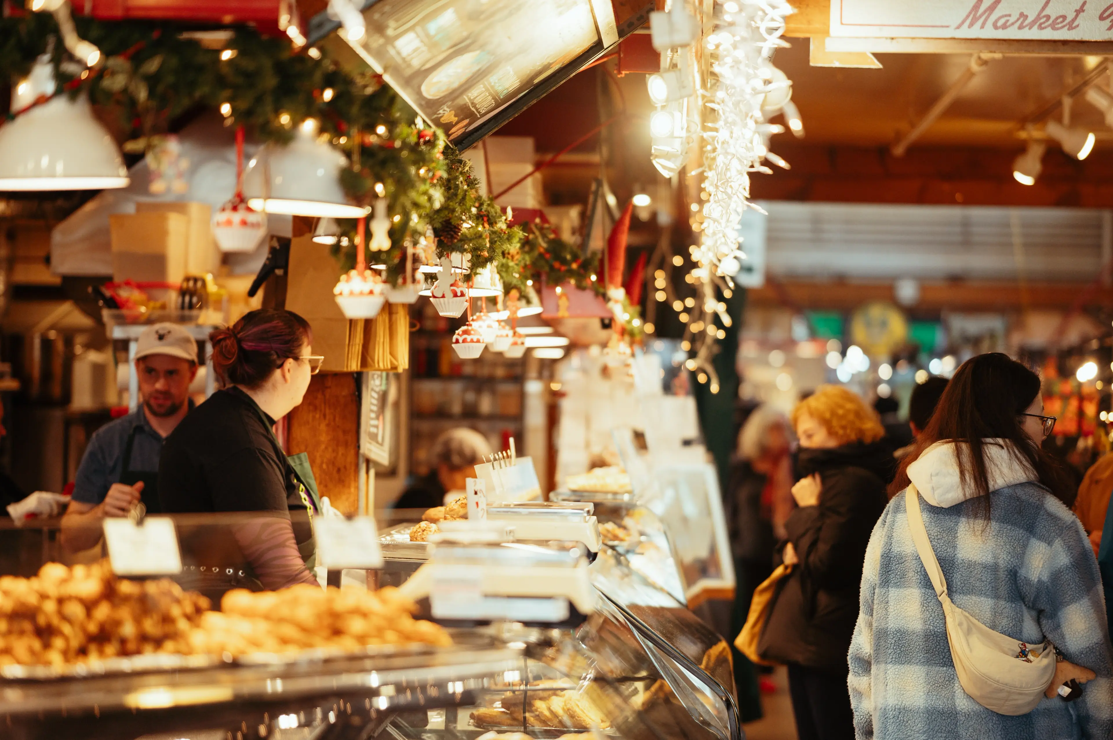 Granville Island Market decorated during the holiday season.