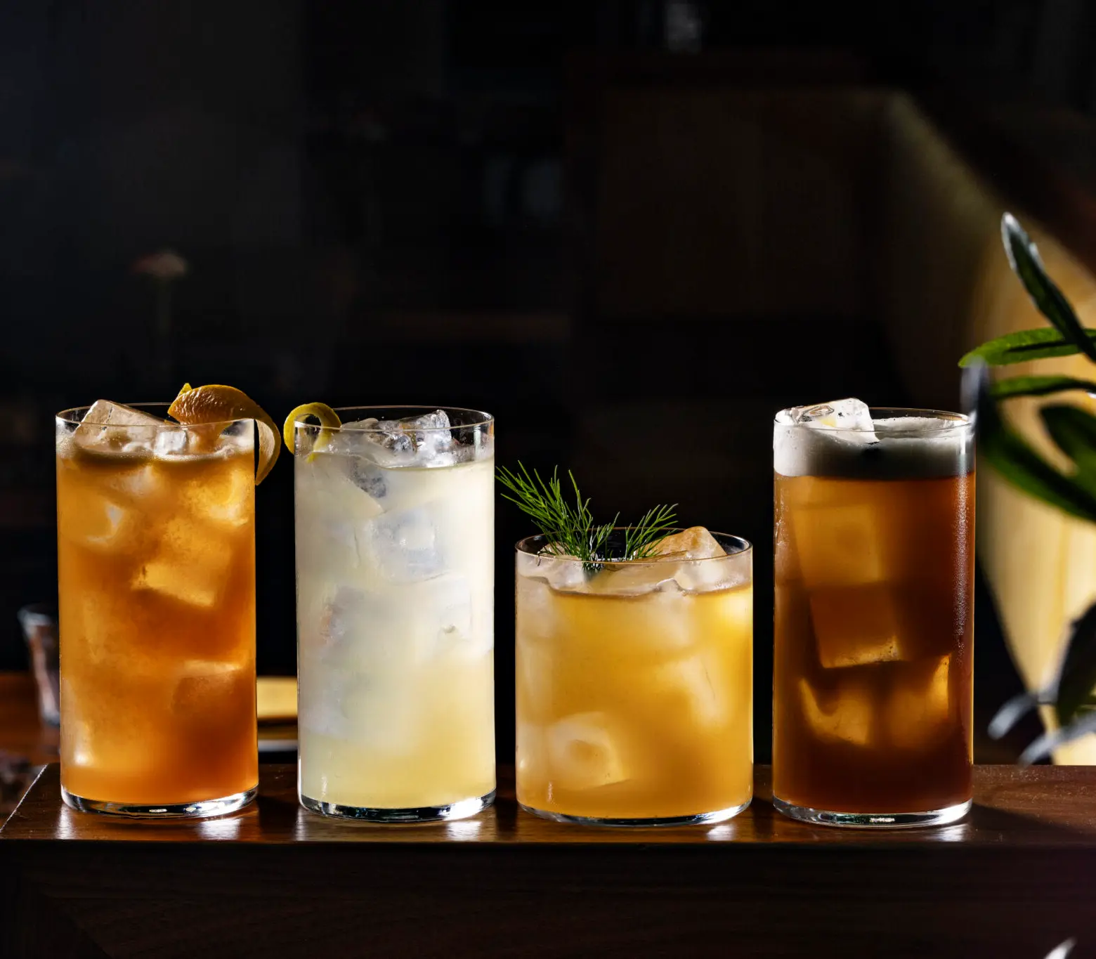 Four iced cocktails in different glasses on a wooden surface with dark background and some green leaves on the right.