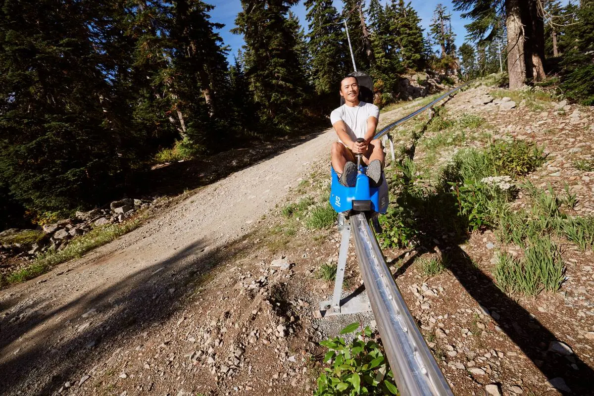 People riding the Eagle Coaster at Cypress Mountain.