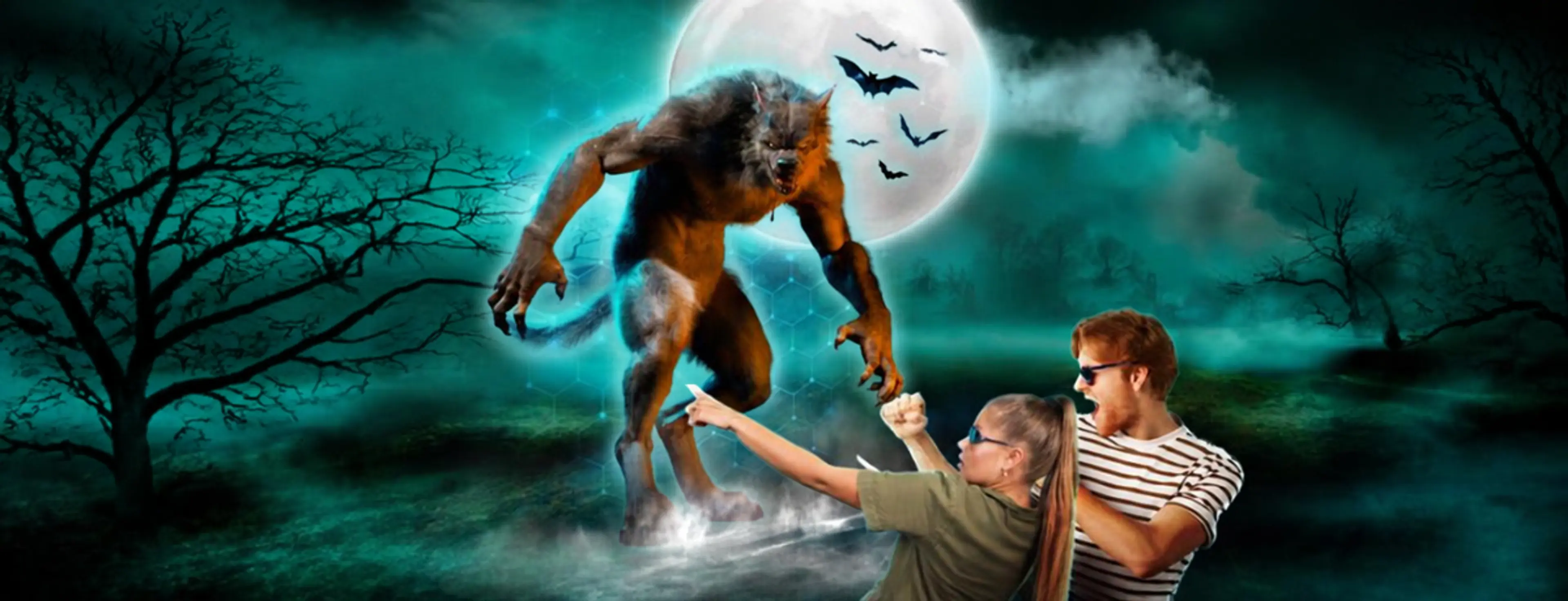A werewolf under a full moon with bats flying nearby, two people wearing sunglasses reacting in fear.