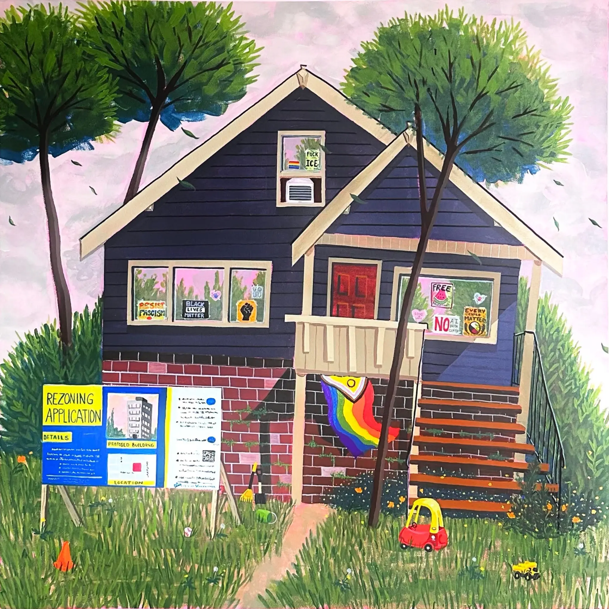 House with protest signs in windows including Black Lives Matter and Resist Fascism, a rainbow flag on porch, and a rezoning application sign in the yard.