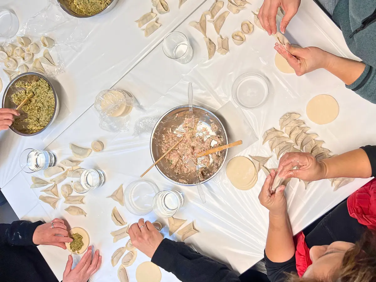 Overhad shot of dumpling making with Dicky's Dumps