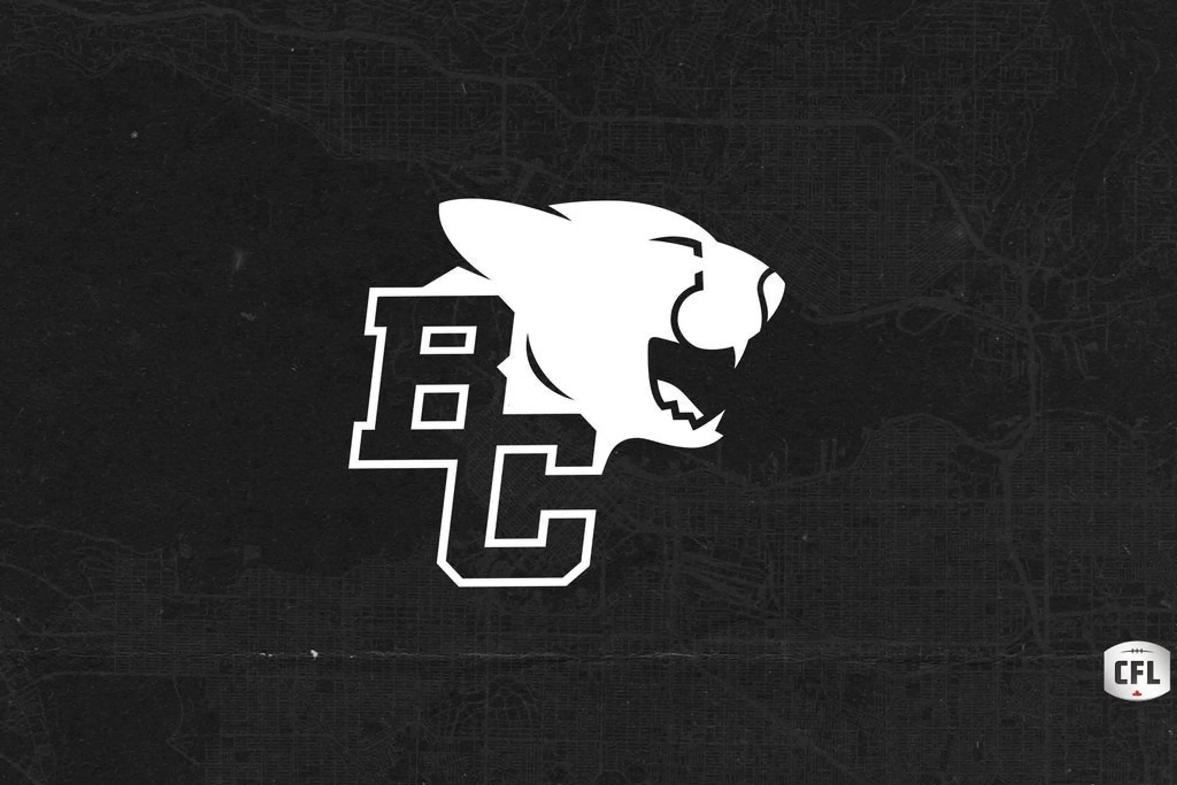White BC letters with a roaring panther head on a black textured background with a small CFL logo in the corner.