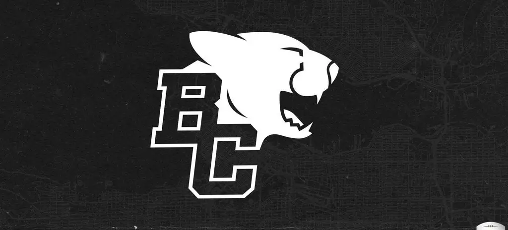 White BC letters with a roaring panther head on a black textured background with a small CFL logo in the corner.