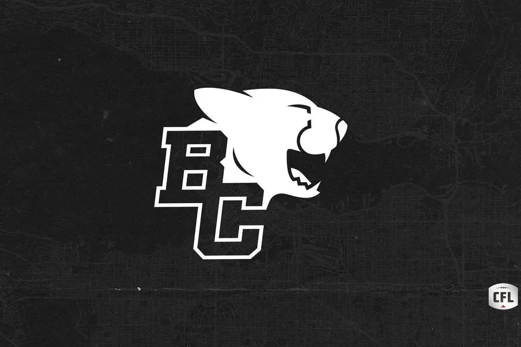 White BC letters with a roaring panther head on a black textured background with a small CFL logo in the corner.