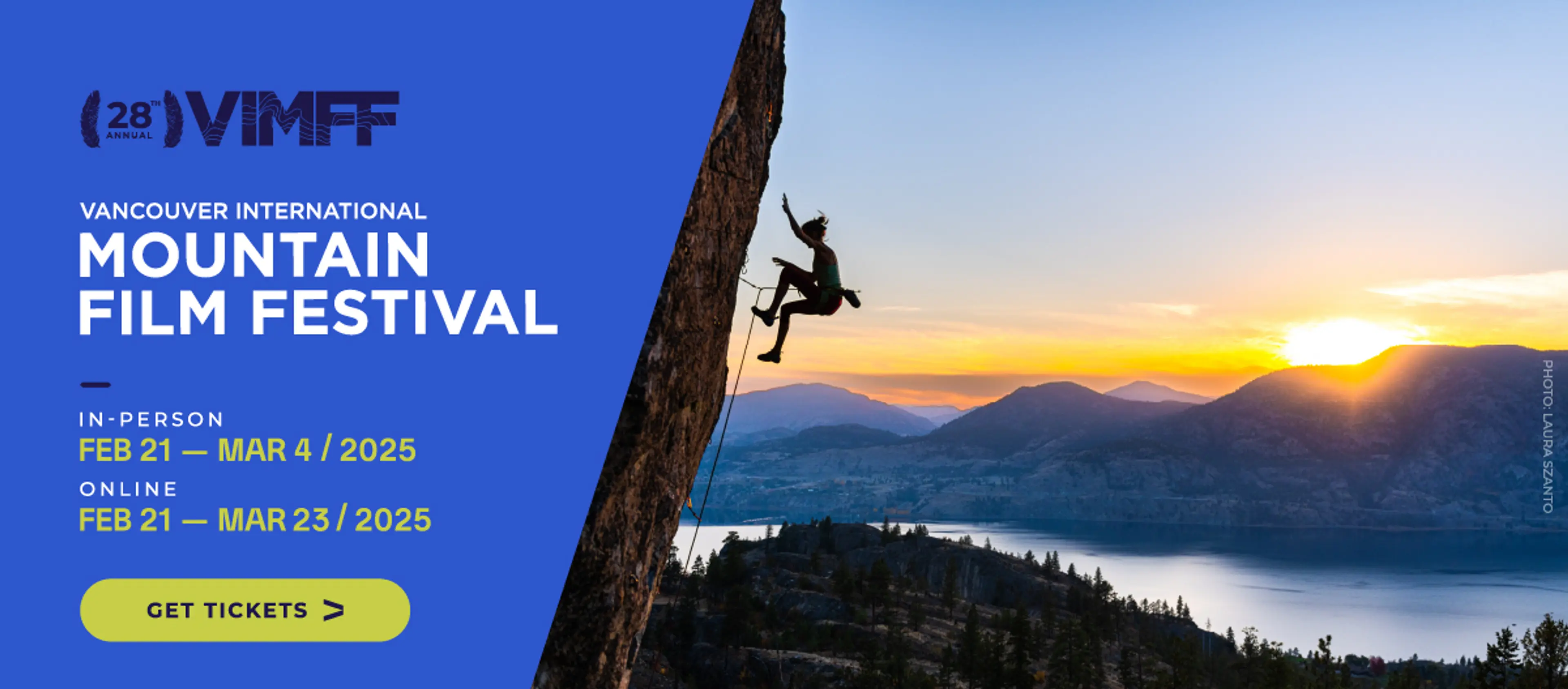 A graphic advertising the 2025 Vancouver International Mountain Film Festival. The left side includes information on dates (in person Feb 21 - Mar 4, 2025 and online Feb 21 - Mar 23, 2025) while the right has an image of a rock climber on a cliff at sunset. 