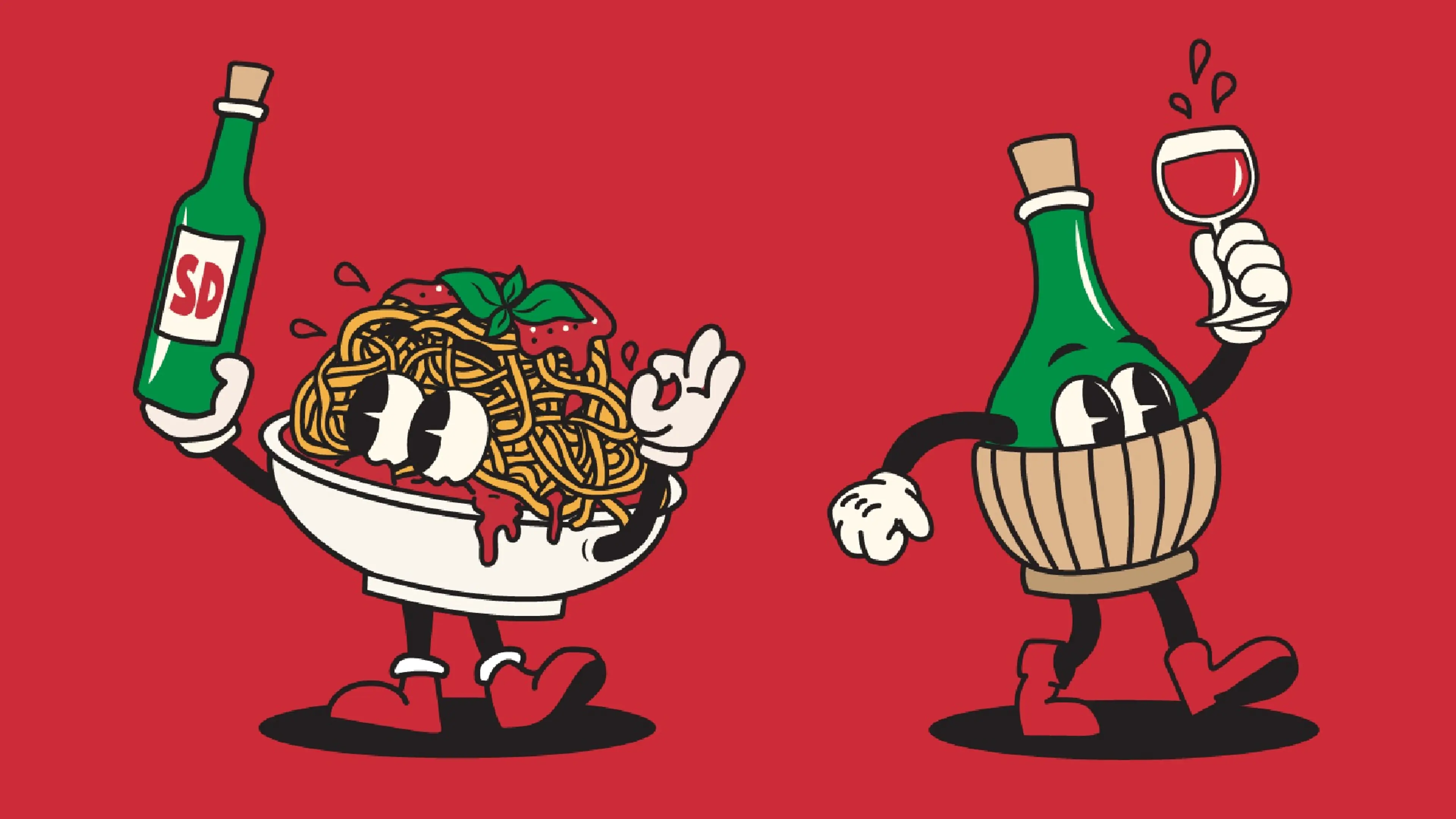 Cartoon bowl of spaghetti holding a green bottle labeled SD and making an OK hand sign next to a cartoon green wine bottle with a straw basket base holding a glass of red wine.