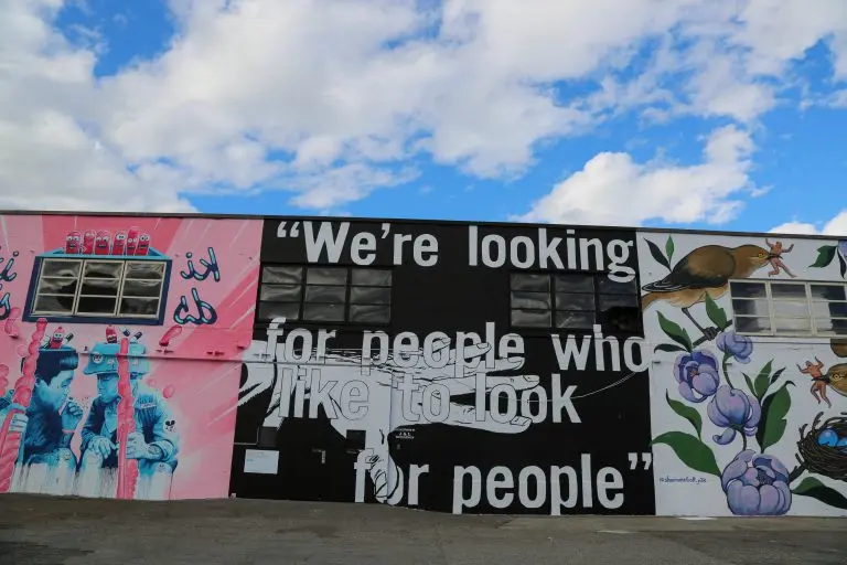 Murals by (right) Peter Ricq, @PRICQ, (center) Bobo, (right) Shannon Elliott @shannonelliott_y2k