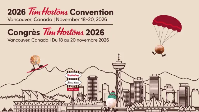 Banner for 2026 Tim Hortons Convention in Vancouver, Canada, November 18-20, with city skyline and Tim Hortons signs.