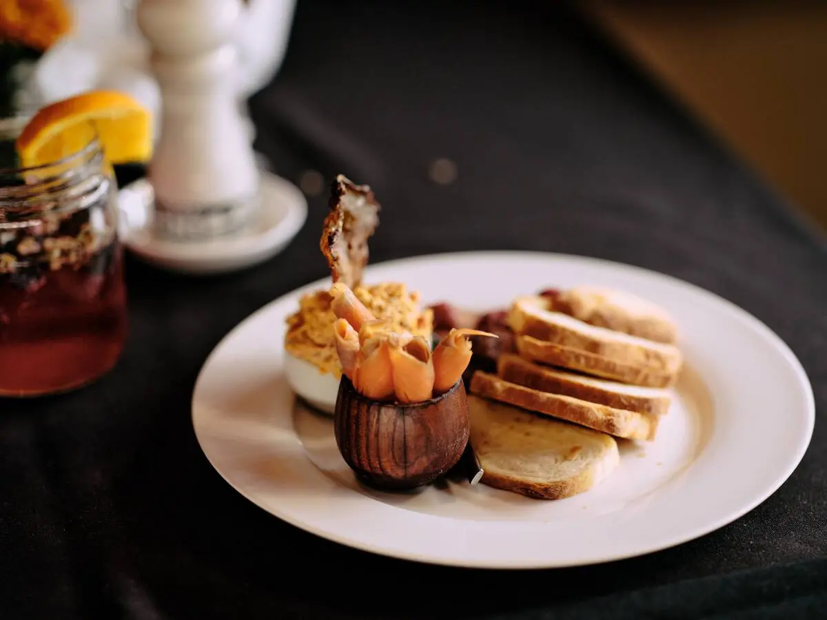 A detailed close shot of a plate of food at Salmon n' Bannock in Vancouver.