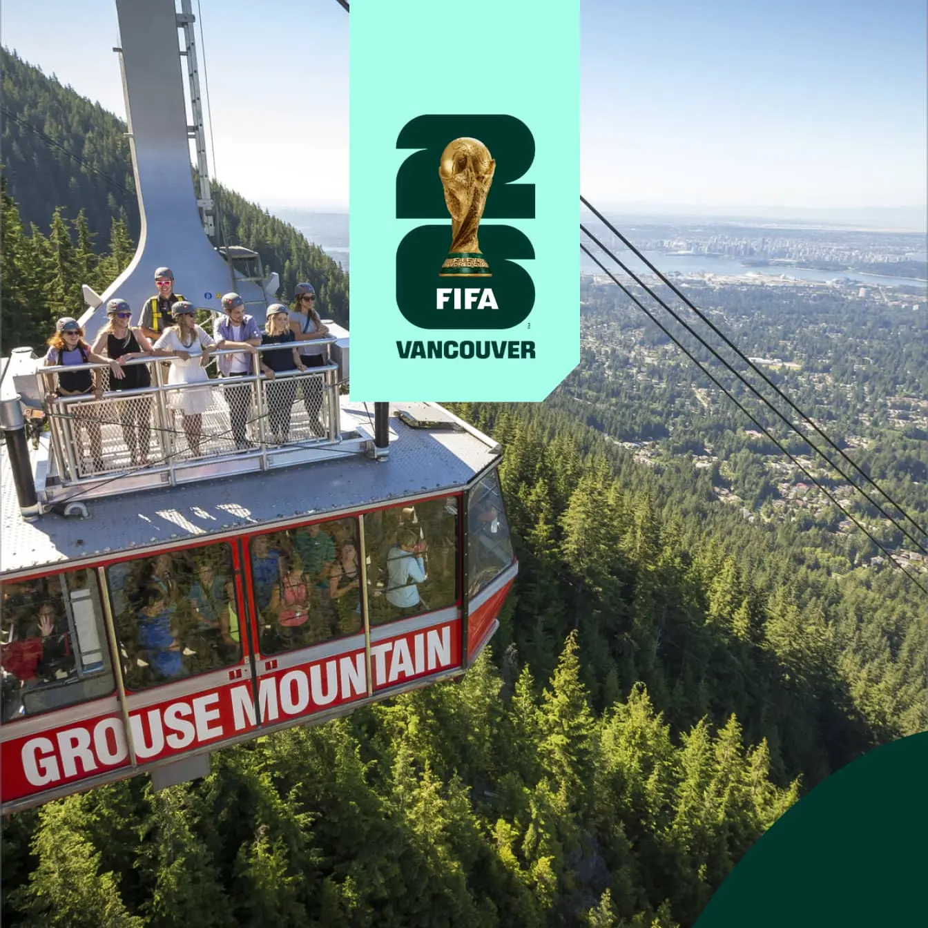 People wearing helmets on top and inside a Grouse Mountain cable car with a forest and city view in the background.