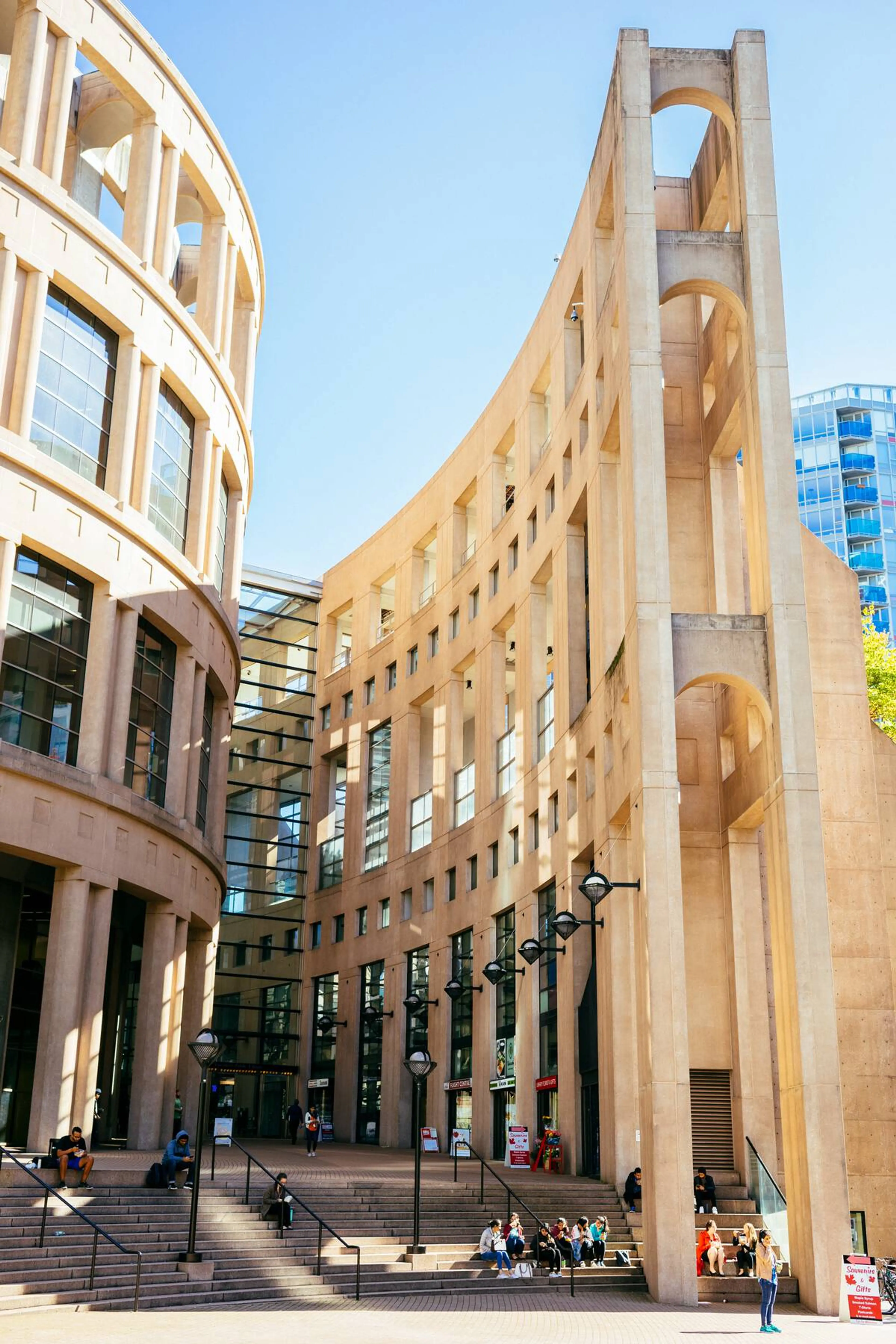 The oval building of the central branch of the Vancouver Public Library at Georgia and Homer