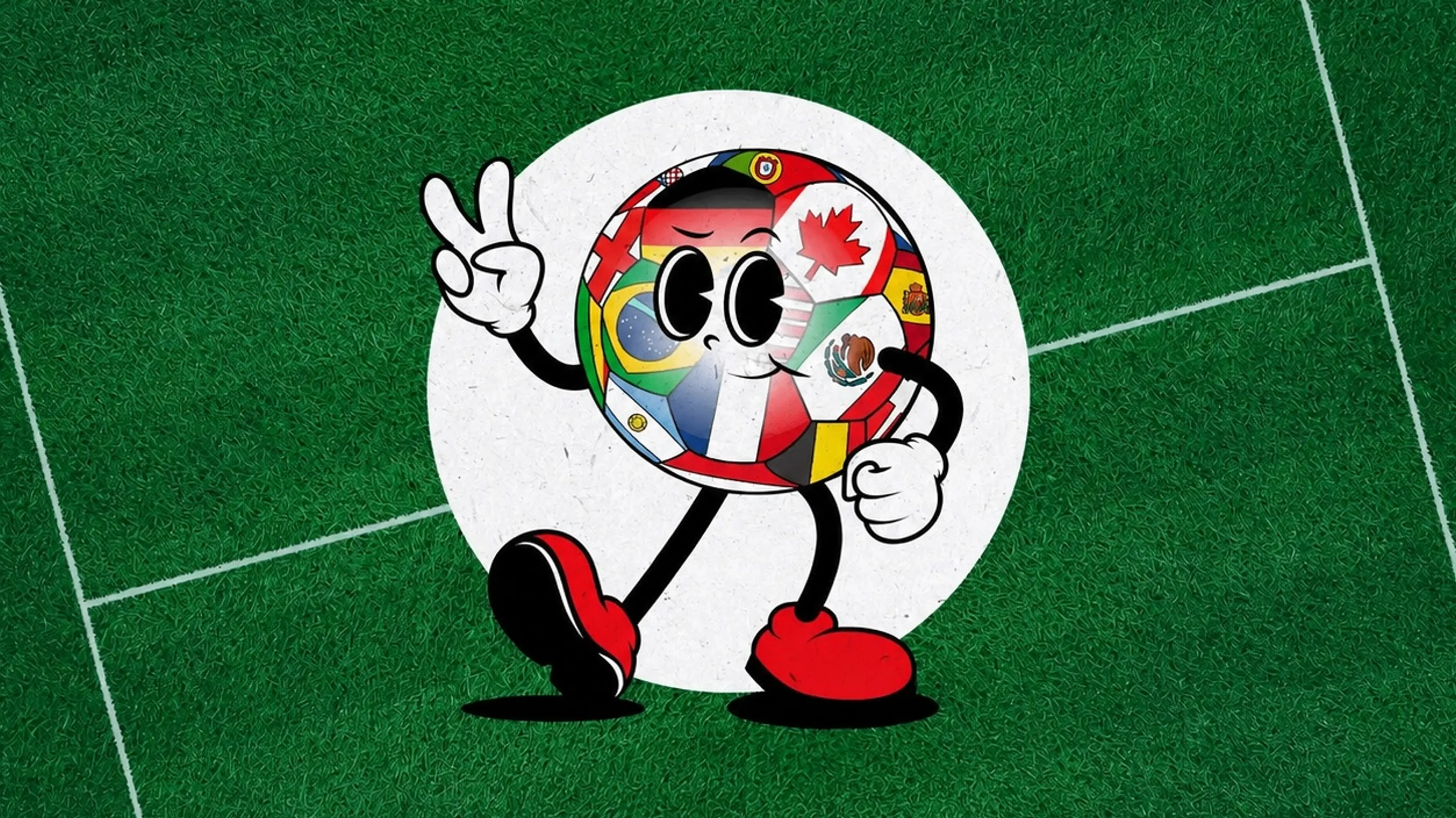 Cartoon soccer ball with various country flags, arms, legs, and red shoes, showing a peace sign on a green field.