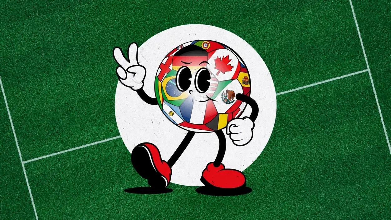 Cartoon soccer ball with various country flags, arms, legs, and red shoes, showing a peace sign on a green field.