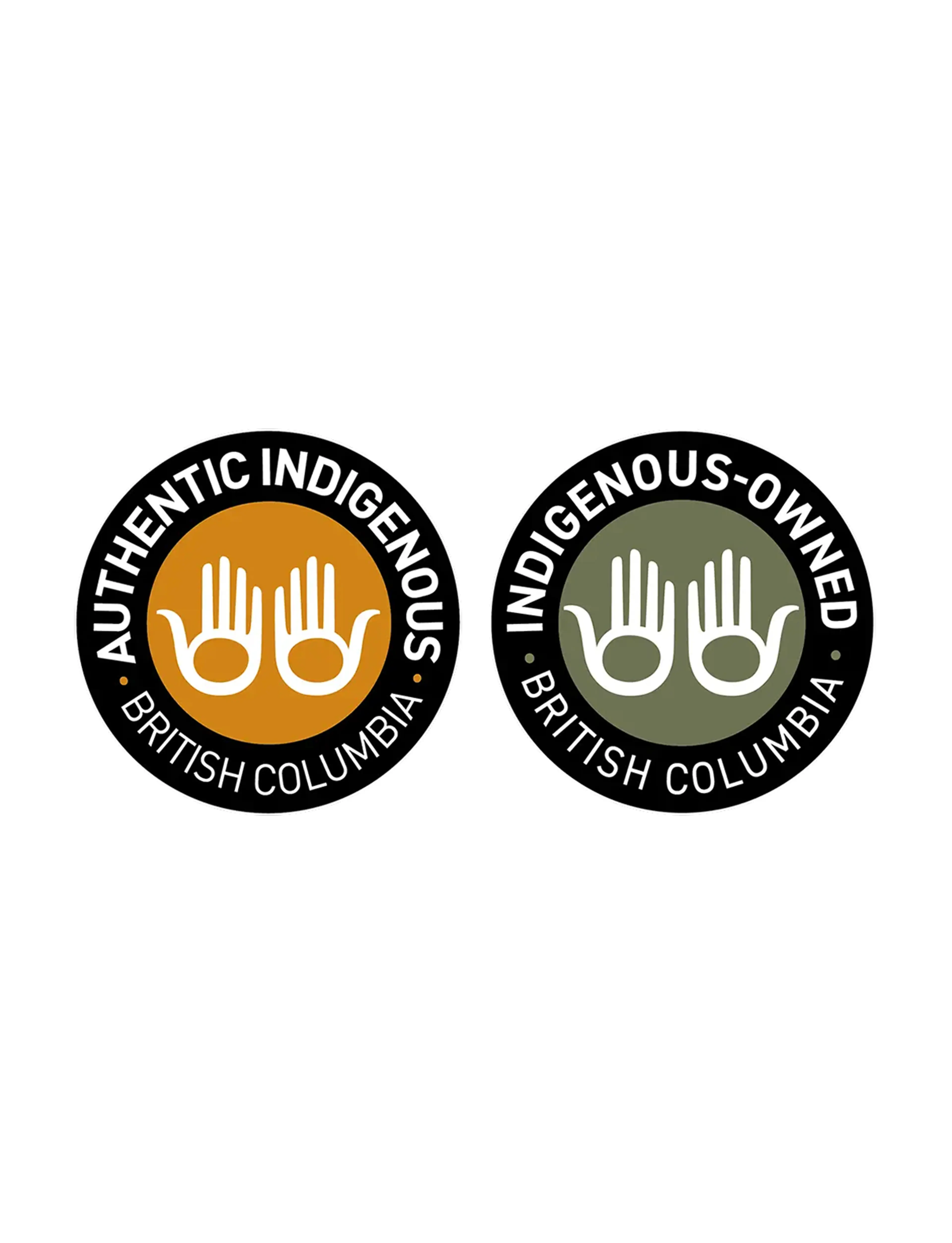 Two circular logos with hand symbols; left says Authentic Indigenous British Columbia on orange, right says Indigenous-Owned British Columbia on green.