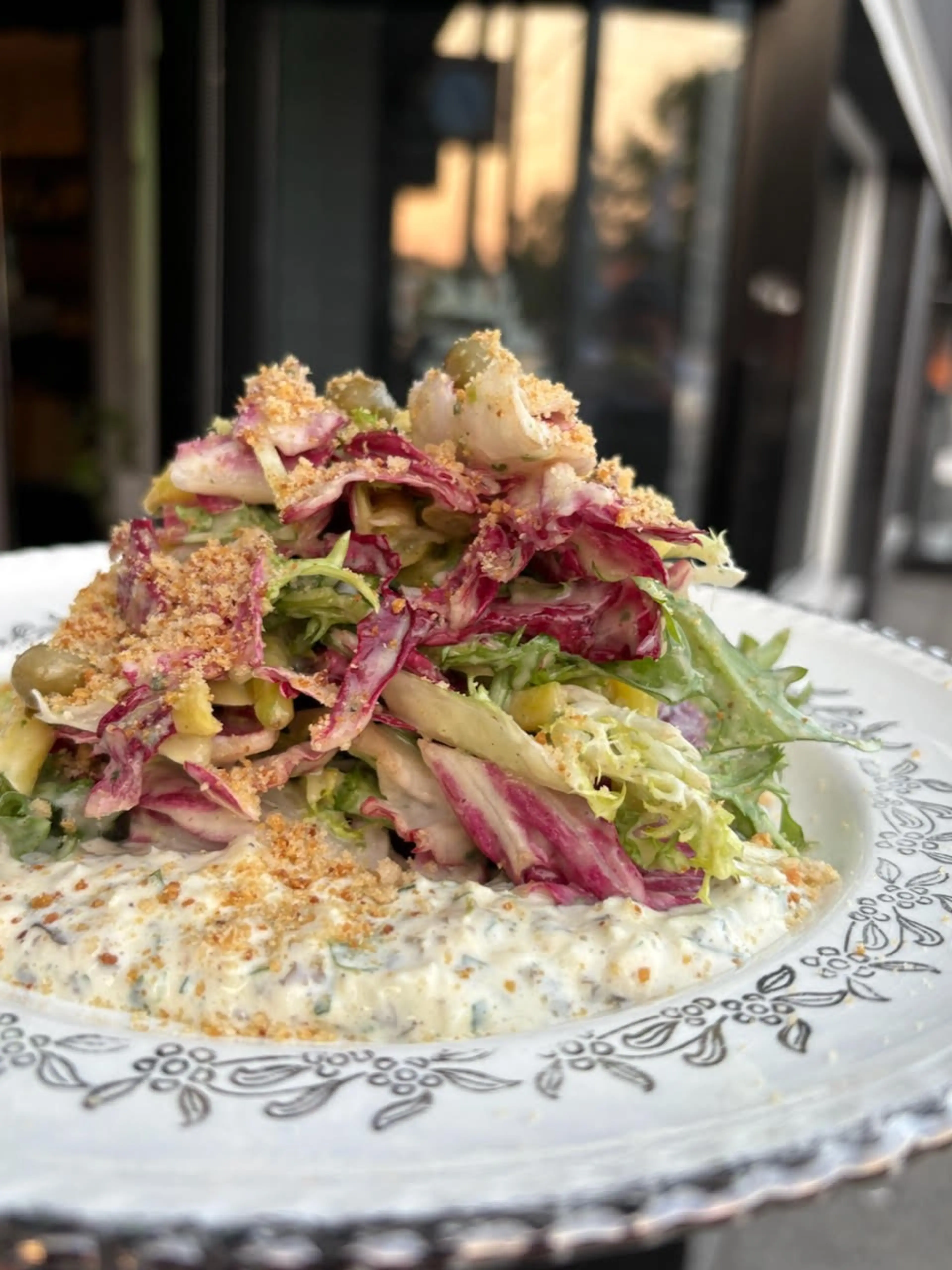 Mixed green and purple salad with creamy dressing and sprinkled crumbs on a decorative white plate at Todo Nero, Vancouver.