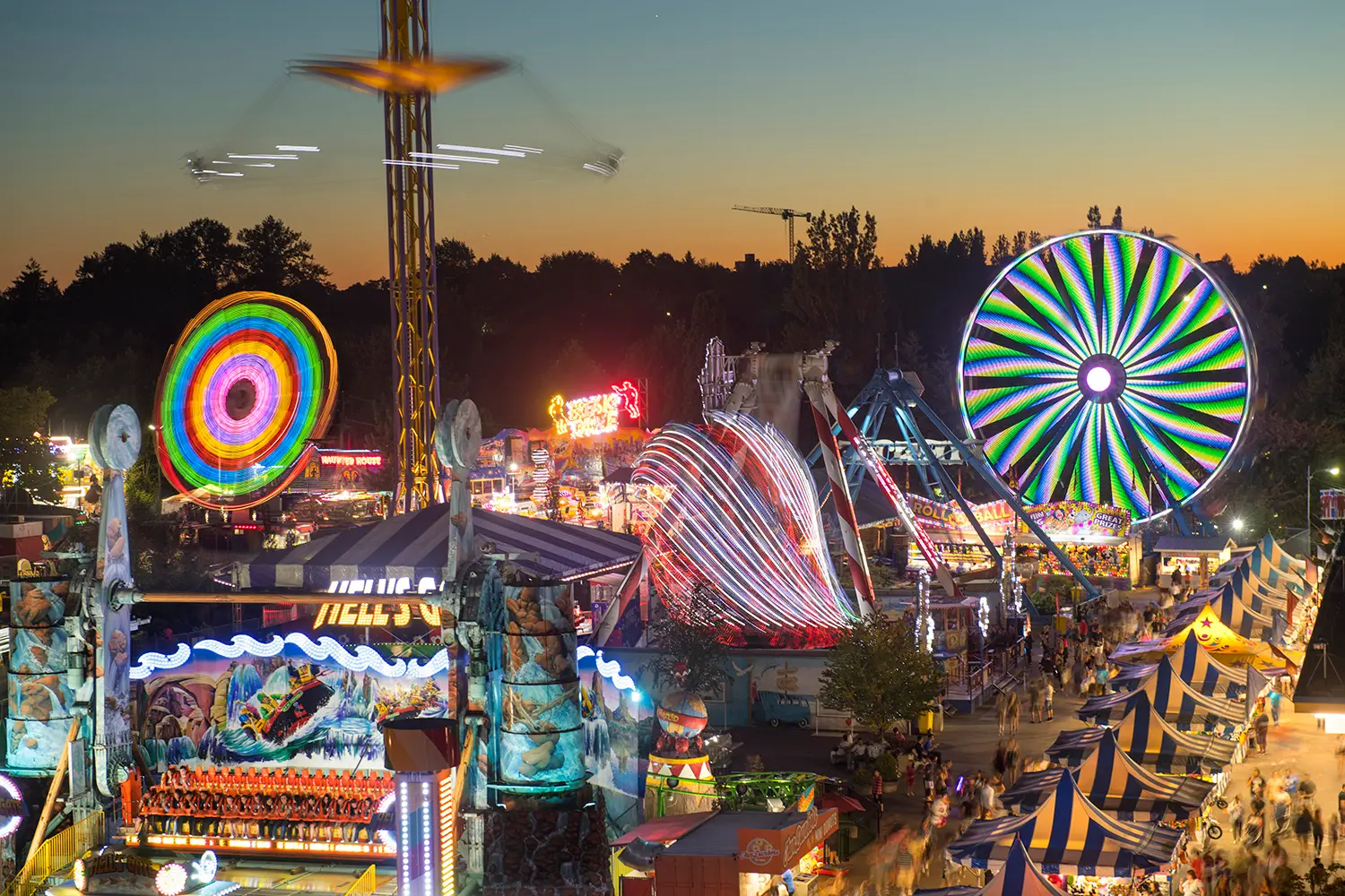 An aerial evening shot of the rides at Playland at the PNE in Vancouver.