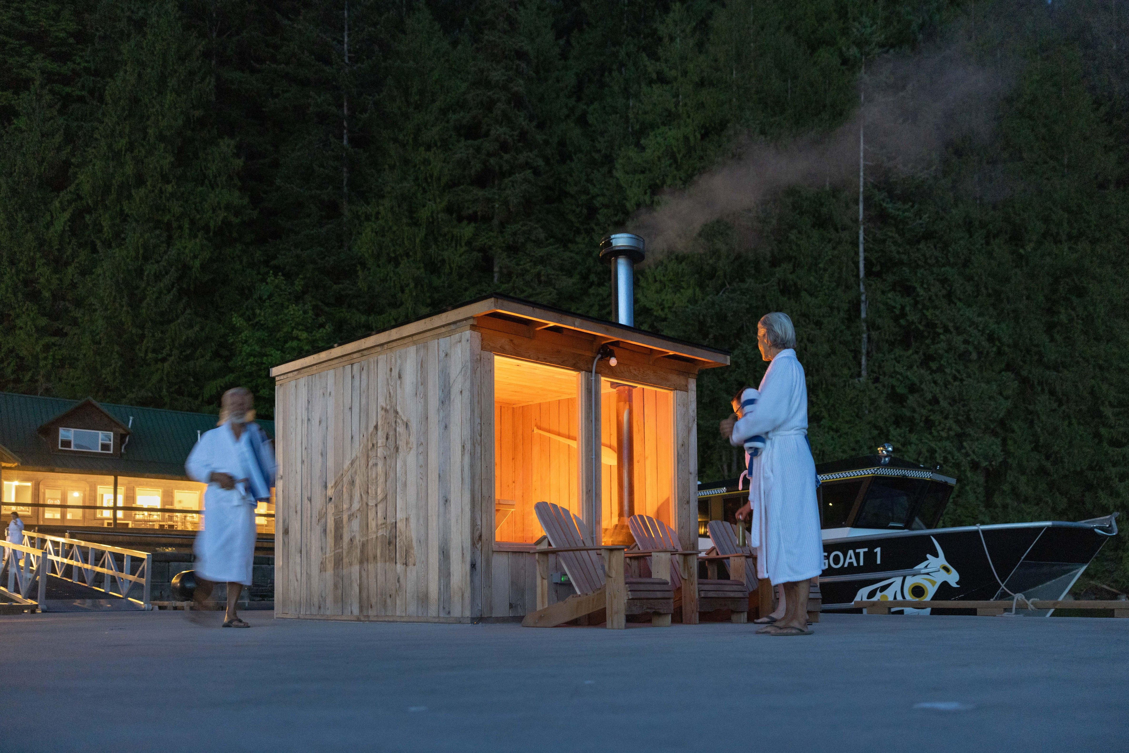 The wood-fired sauna at Klahoose Wilderness Resort