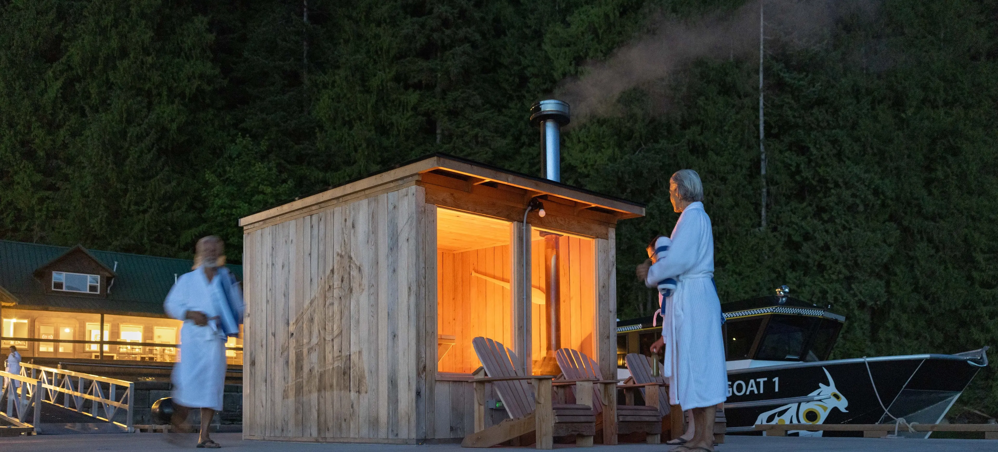 The wood-fired sauna at Klahoose Wilderness Resort