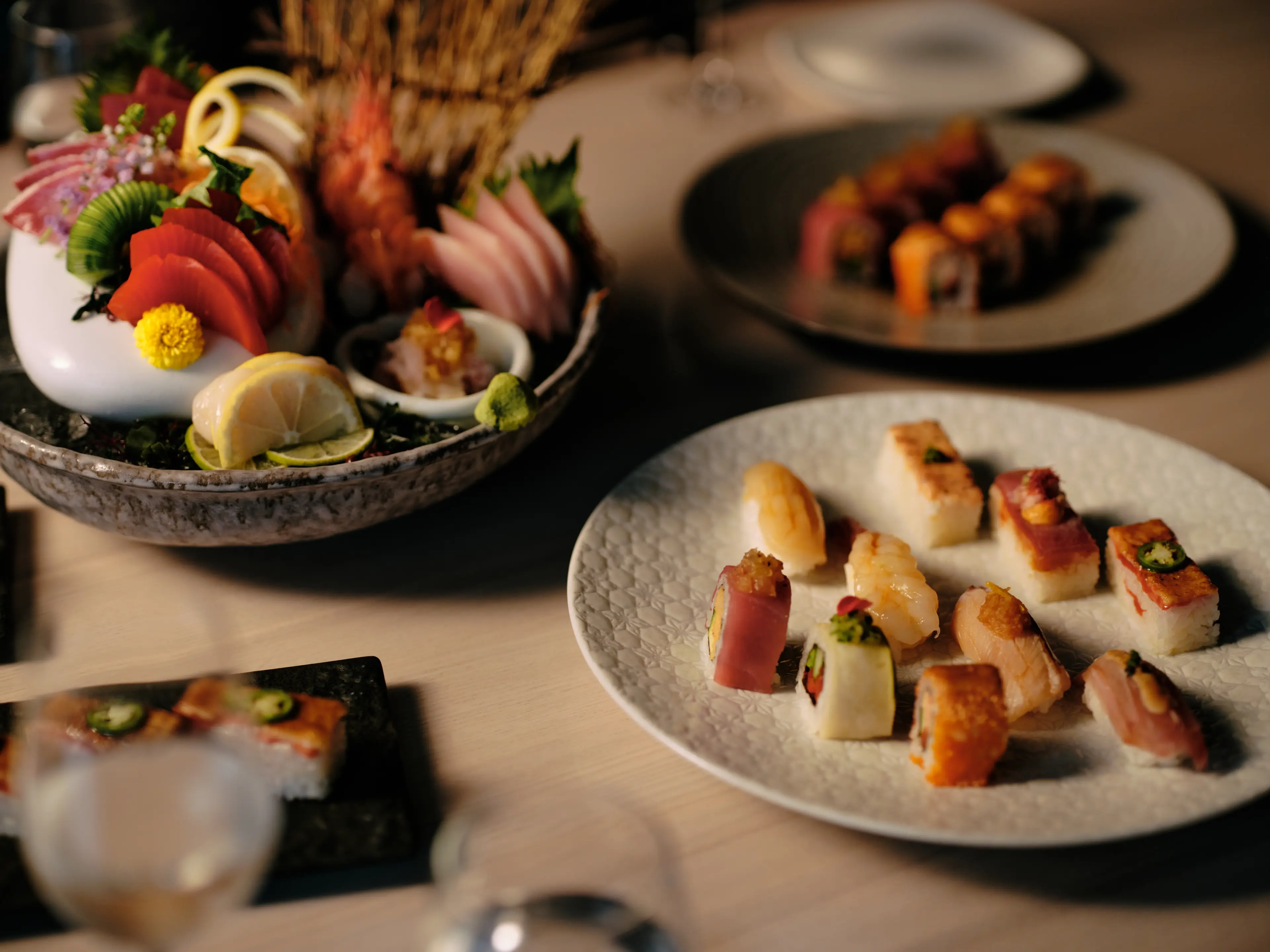 Sushi plates with fresh garnishes at the Miku restaurant in Vancouver.