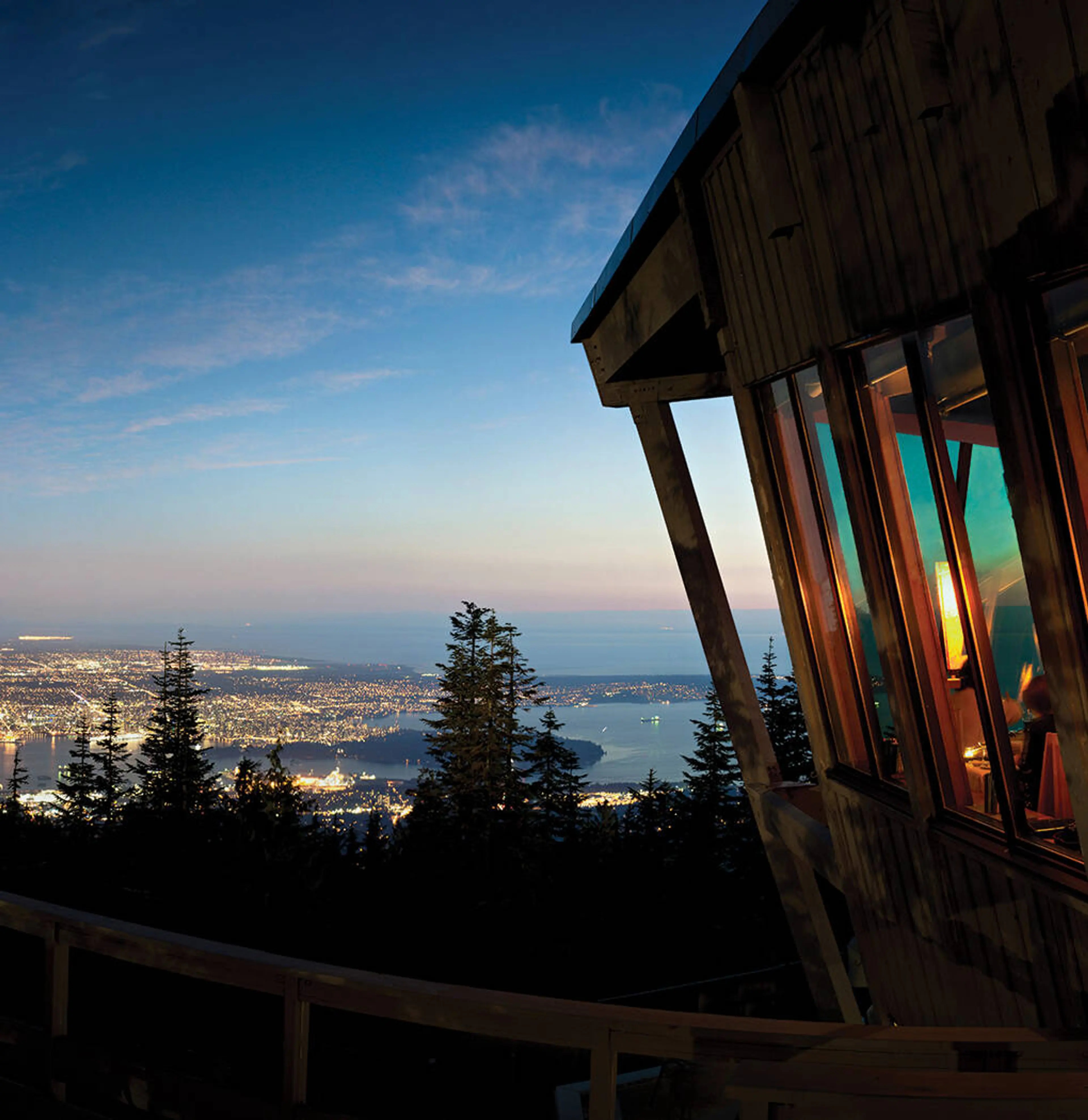Nighttime view of Vancouver from The Observatory Restaurant at Grouse Mountain