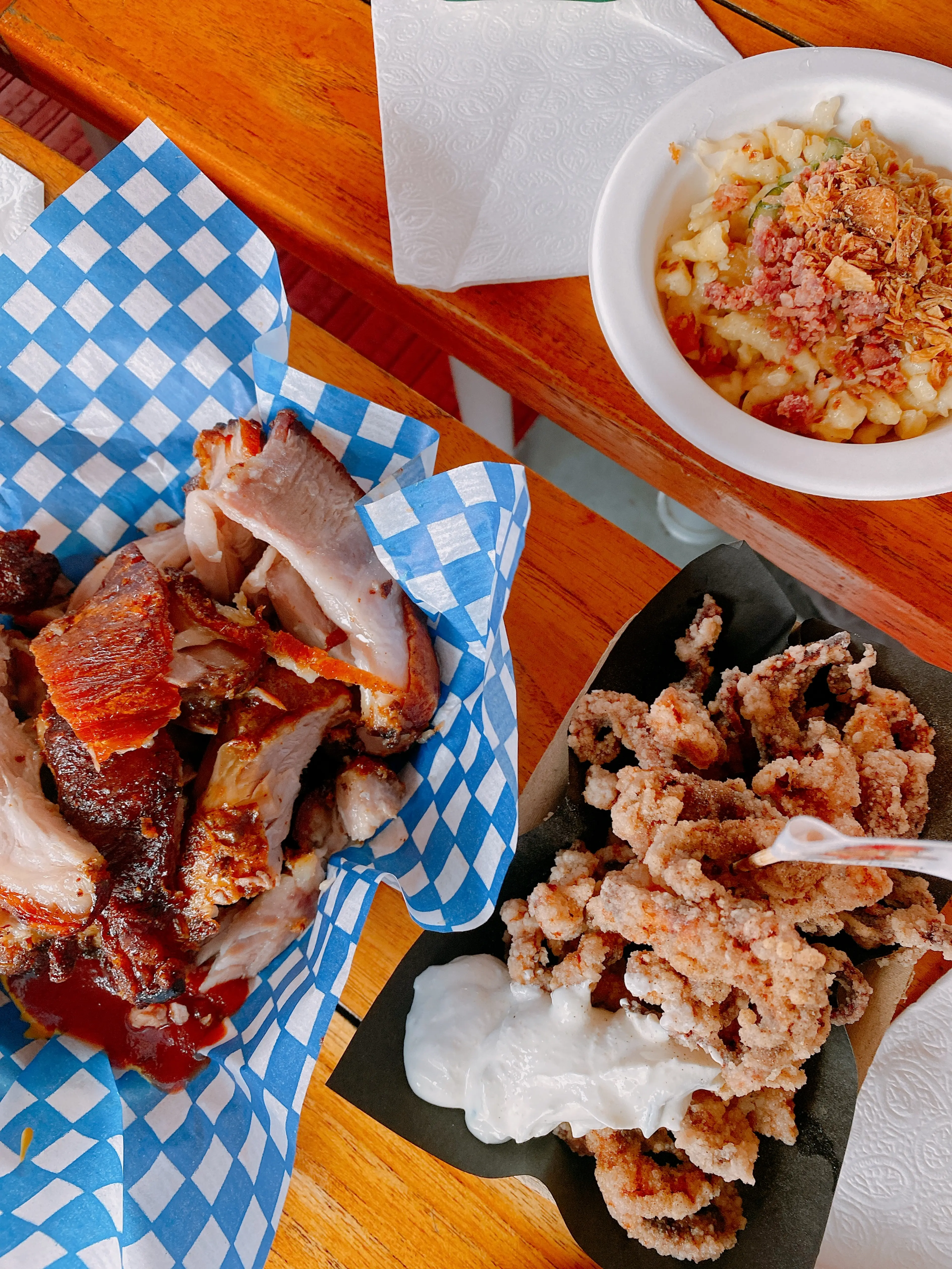 Pork, fried squid, and spaetzle at the Vancouver Chrismtas Market