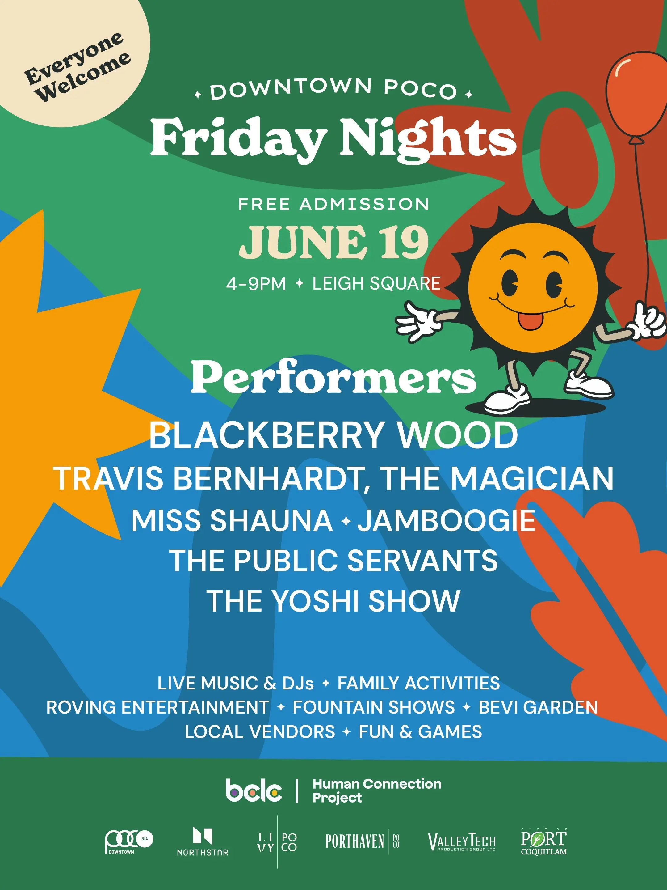 Event poster for Downtown Poco Friday Nights on June 19, 4-9 PM at Leigh Square with free admission and performers listed.