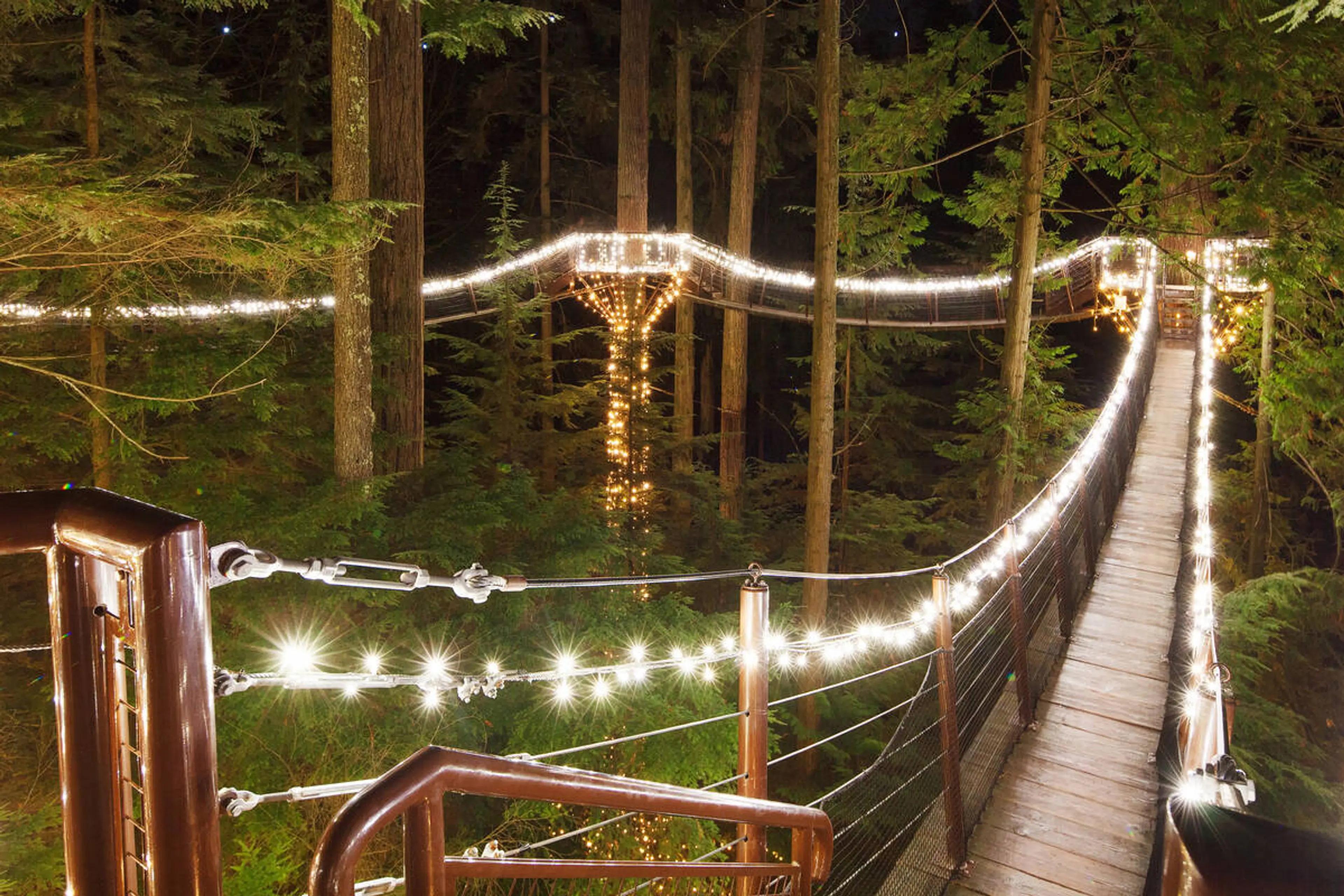 The treetop adventure elevated walkways at Capilano Suspension Bridge Park are decorated with holiday lights for the Canyon Lights event.