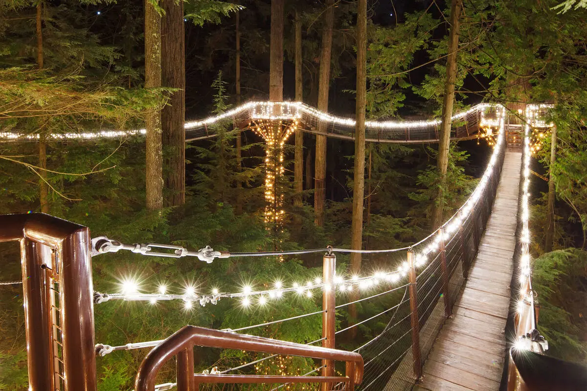 The treetop adventure elevated walkways at Capilano Suspension Bridge Park are decorated with holiday lights for the Canyon Lights event.