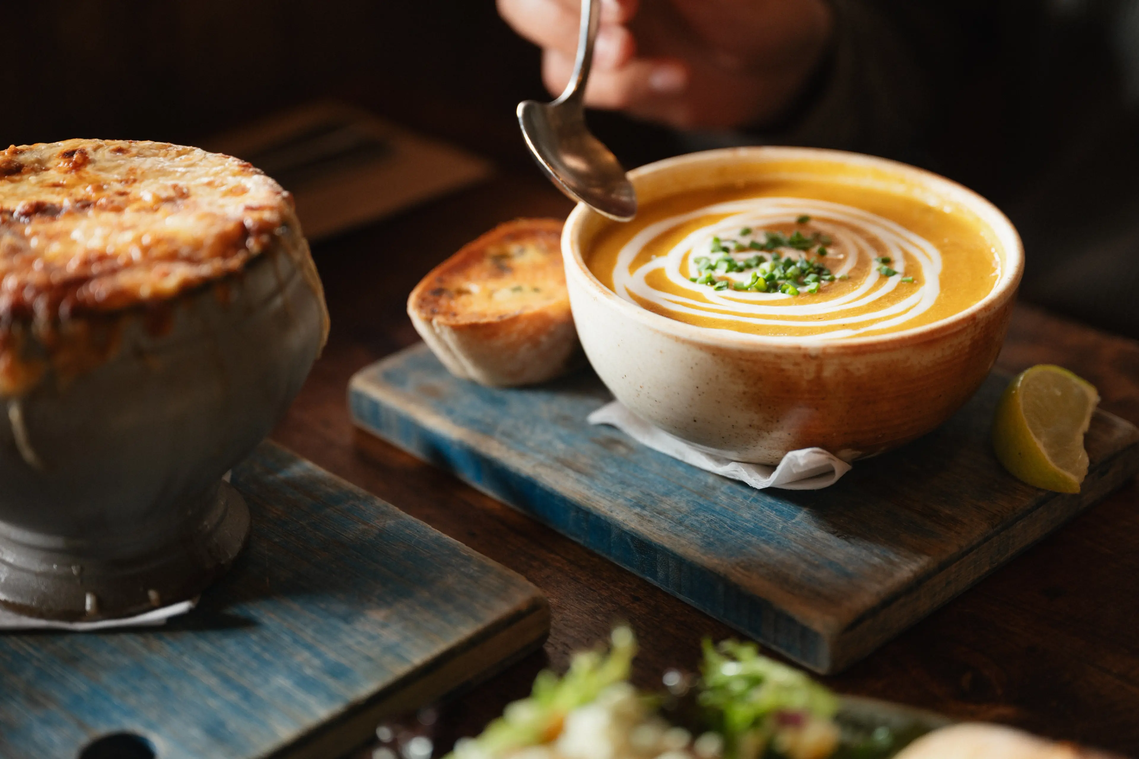 Two delicious soups at Burgoo Bistro in Vancouver.