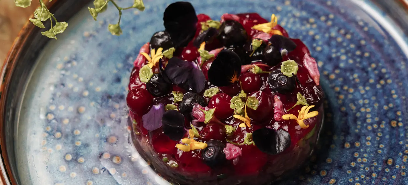 Burdock & Co. Beef Tartar with Pickled Ramps + Red Currant Flower Jelly