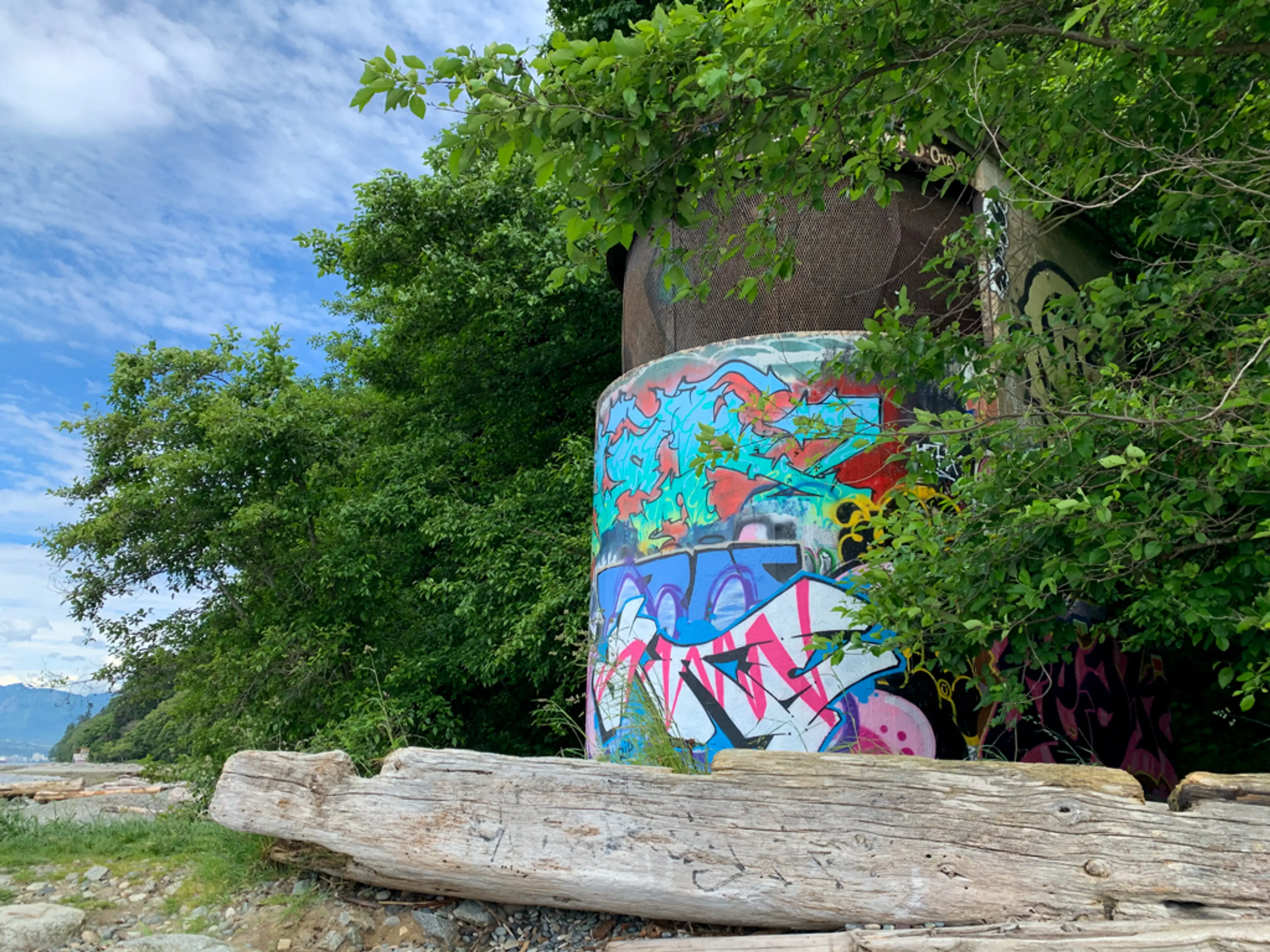 Graffiti-covered WWII era tower in Pacific Spirit Park