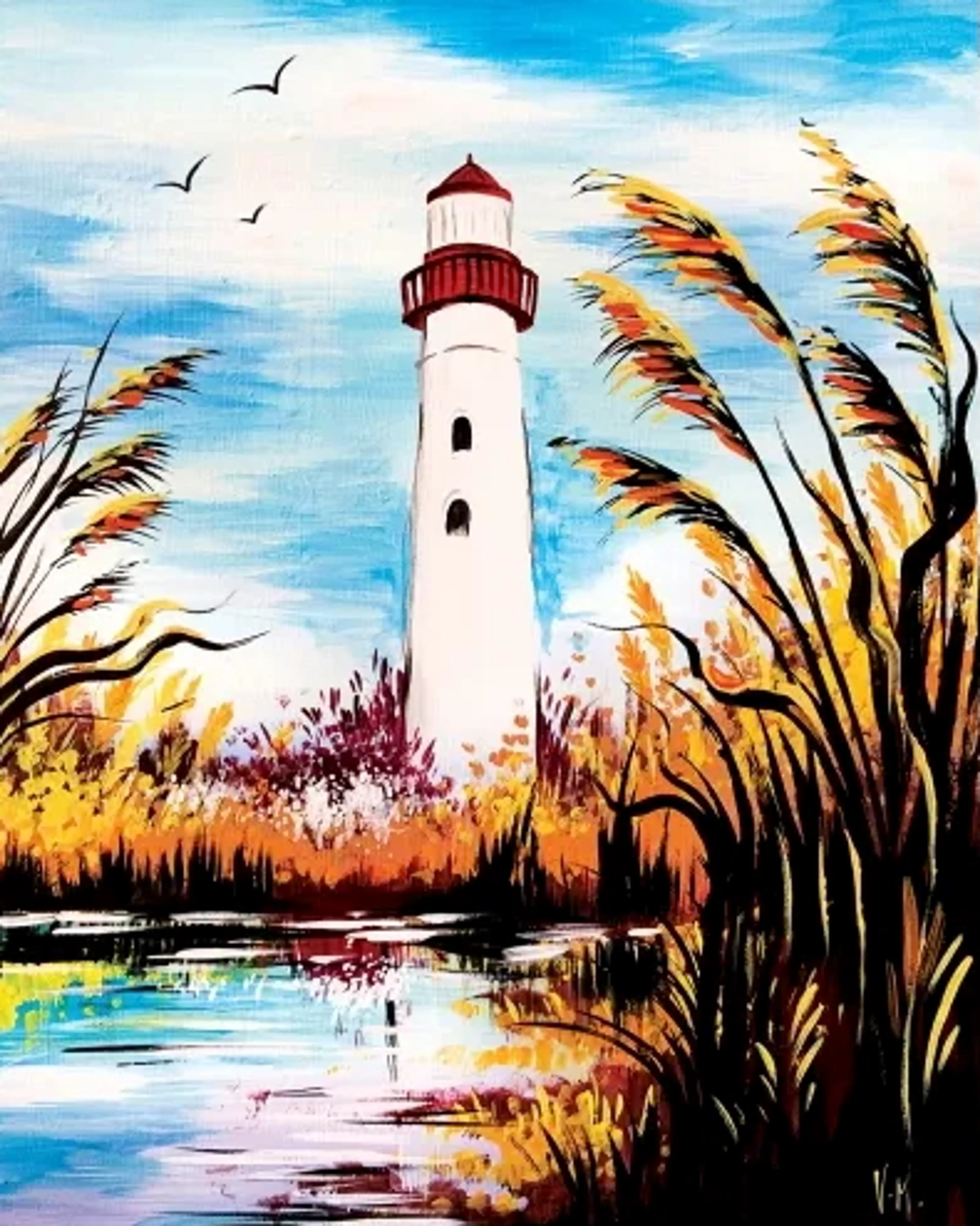 A painting of a lighthouse with fall foliage done at a sip and paint event.