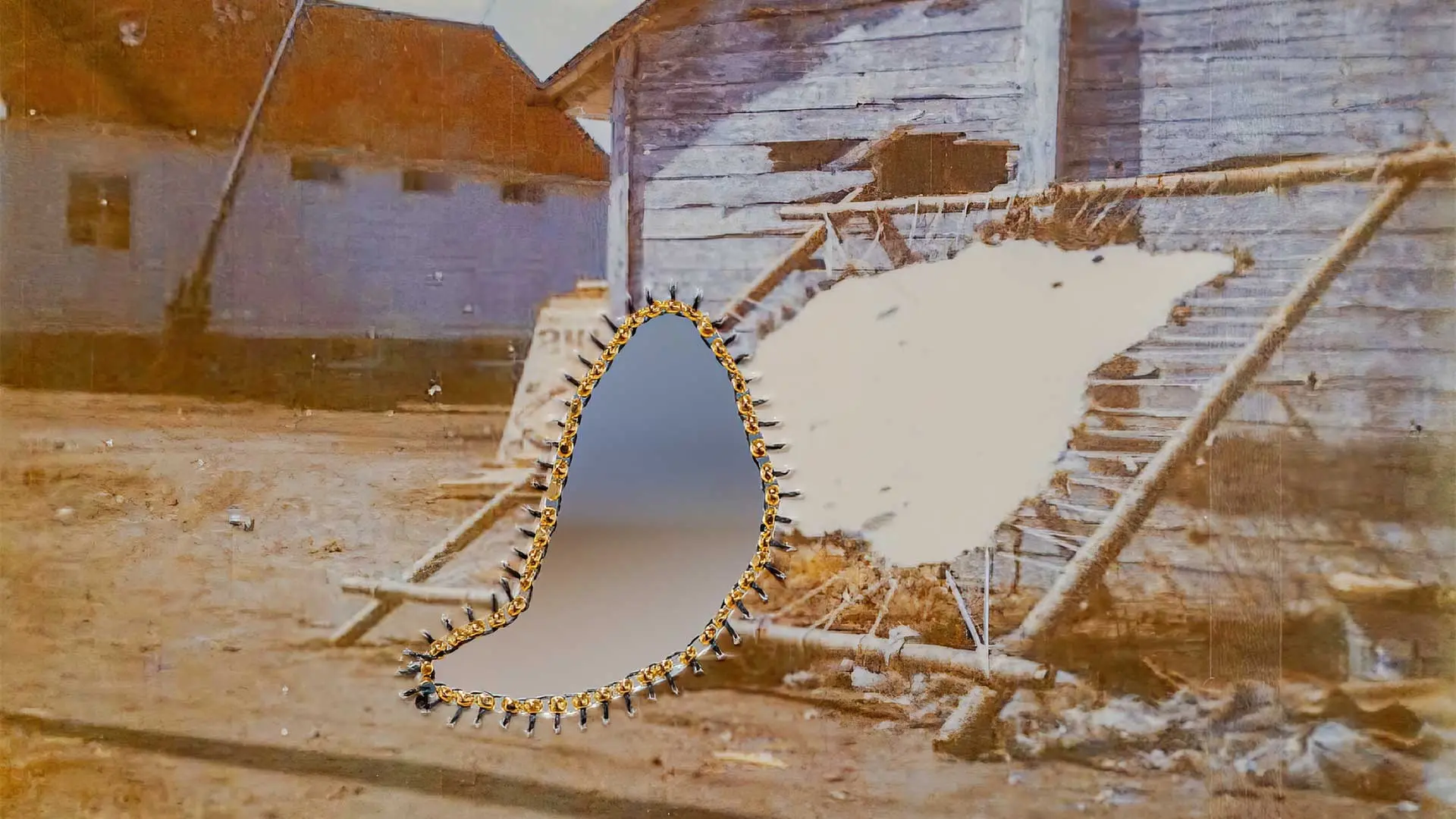 Old photograph of a wooden building with a large patch of peeling paint and a tear in the photo outlined with small clips.