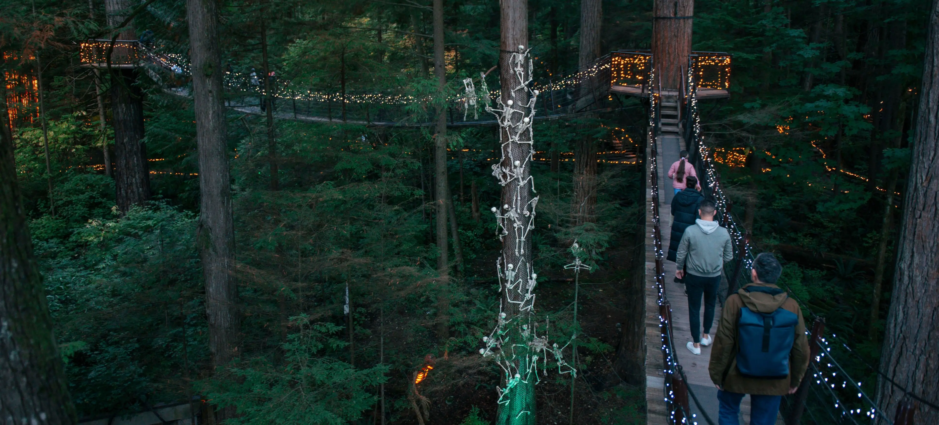 Four people walking on a lit suspension bridge in a dense forest with trees decorated with string lights.