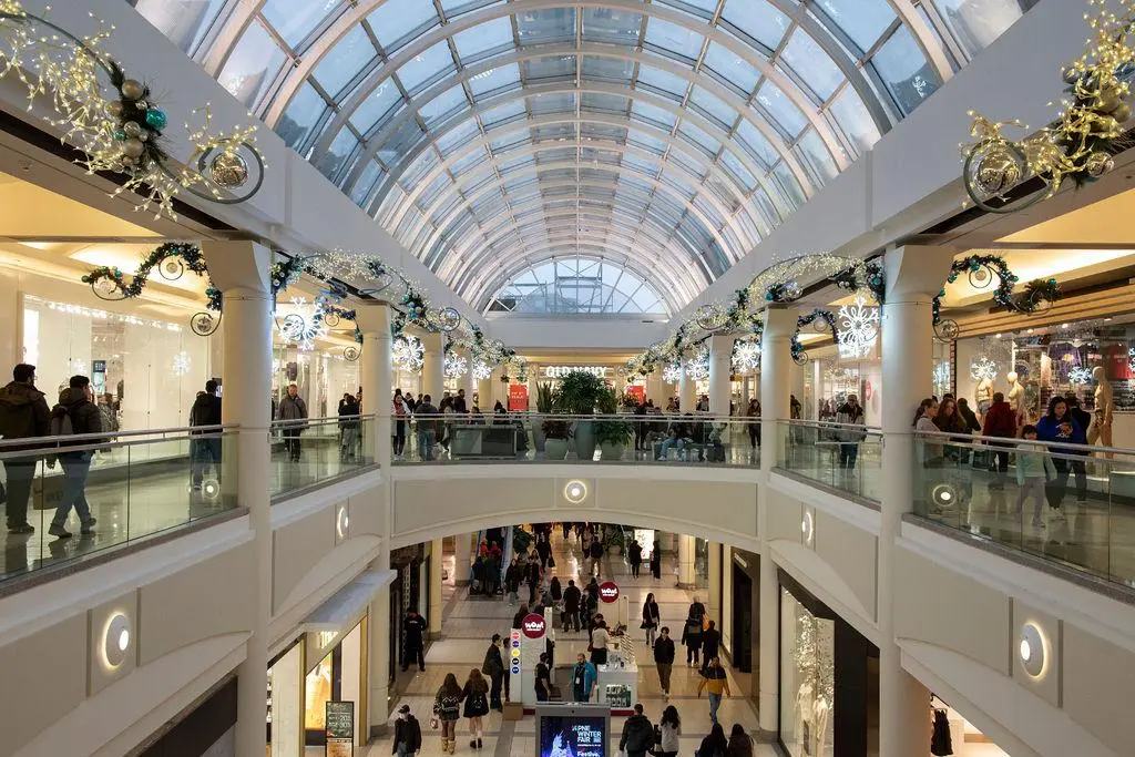 Shoppers and decorations at Metropolis at Metrotown