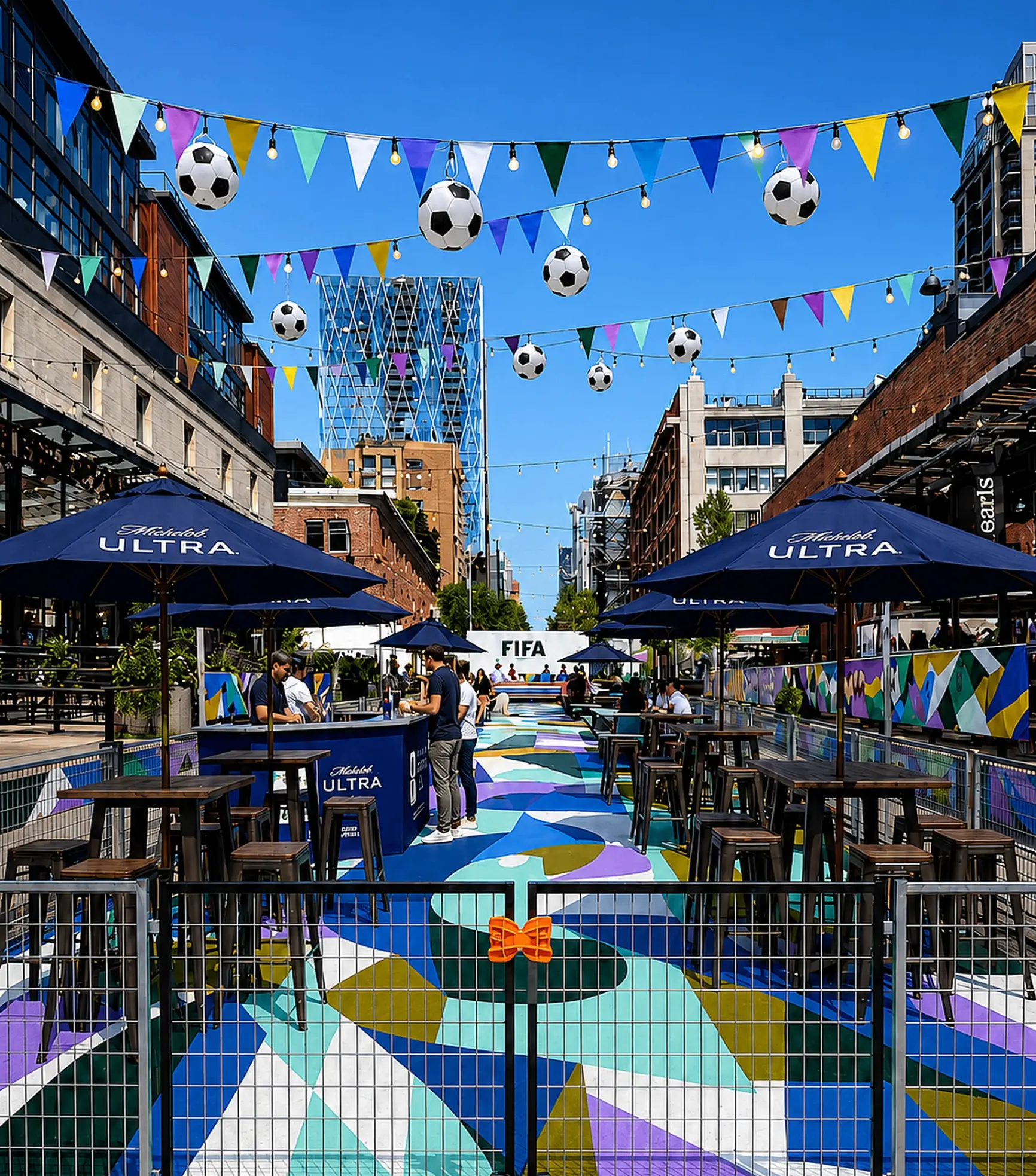 Outdoor urban seating area with colorful geometric floor, blue umbrellas, hanging soccer balls, and FIFA sign in background.