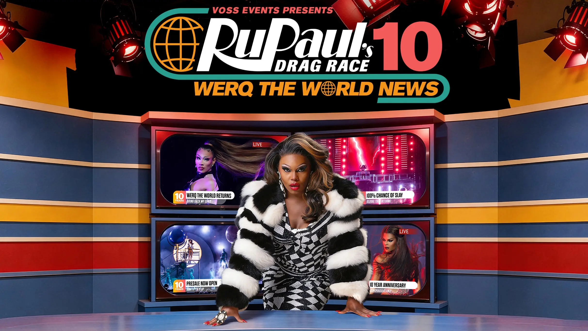 Person in black and white fur coat and patterned dress leaning on a news desk with four screens behind and RuPaul's Drag Race 10 logo above.