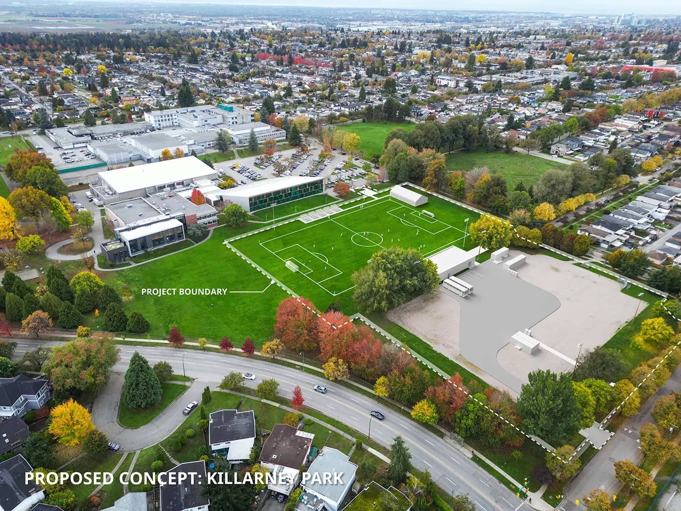 Aerial shot of Killarney Park in Vancouver