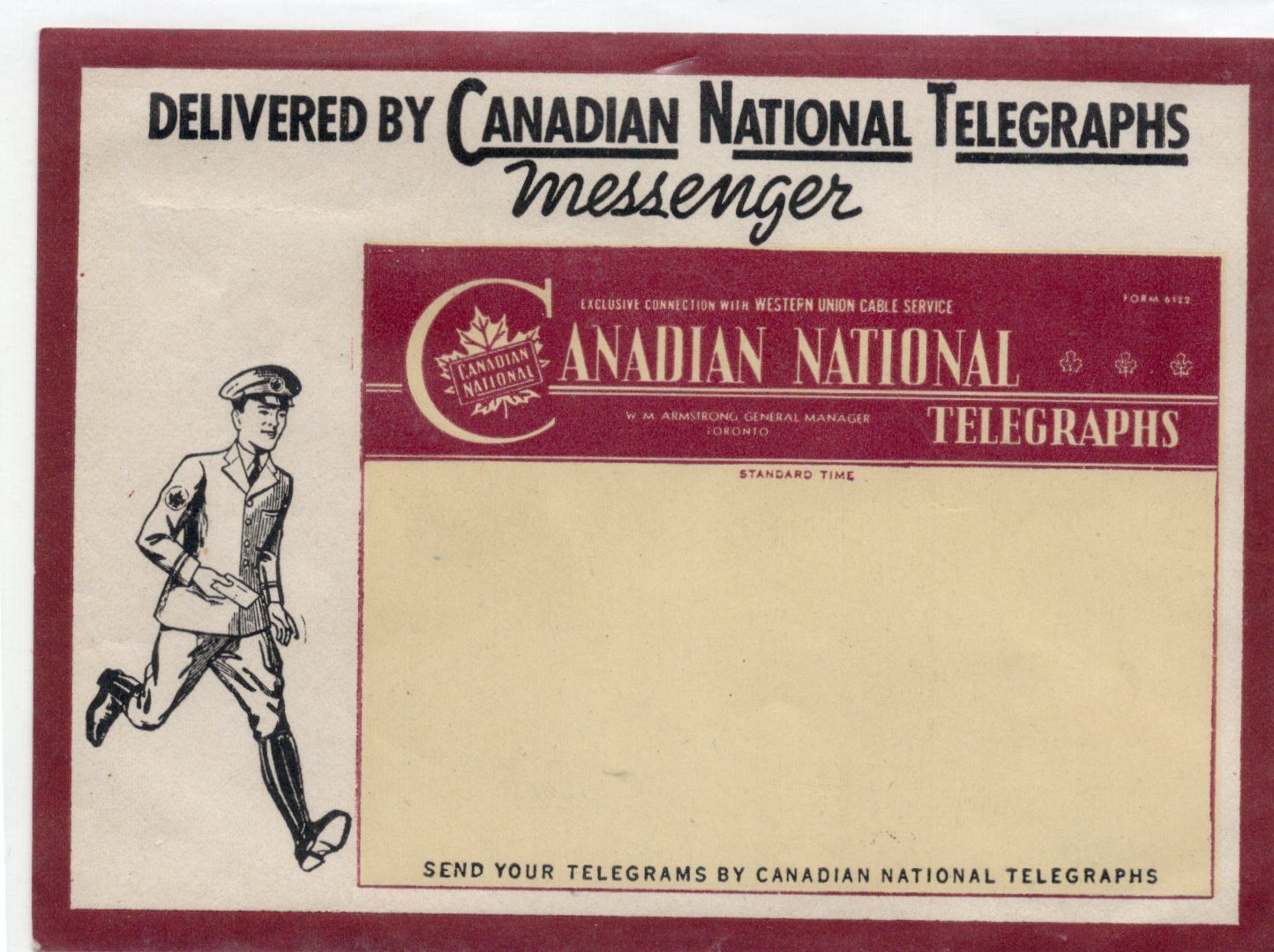 Vintage Canadian National Telegraphs telegram form with a running messenger illustration on the left and text headers.