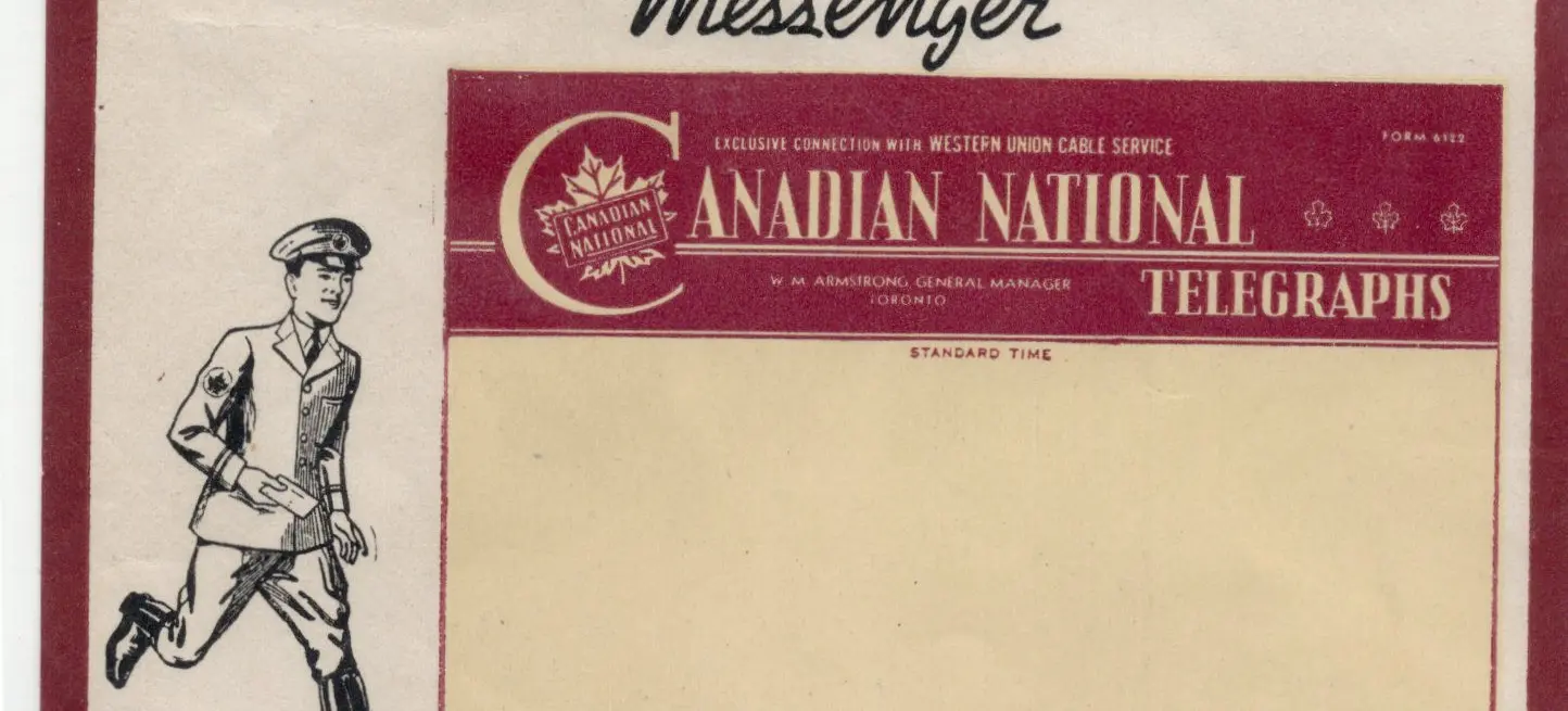 Vintage Canadian National Telegraphs telegram form with a running messenger illustration on the left and text headers.