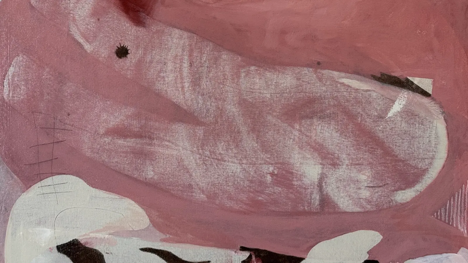 Abstract painting with large pink and white shapes and black markings on a textured surface.