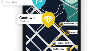 Phone screen showing the VanWalks walking tour app.